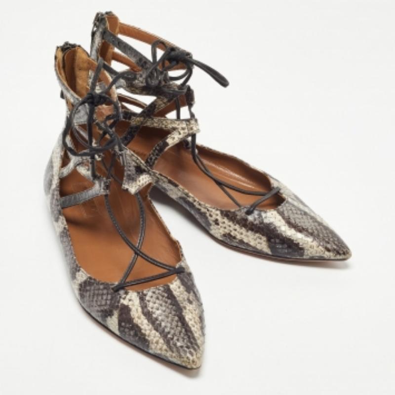 Aquazzura Two Tone Snakeskin Belgravia Ankle Tie Flats Size 36.5 en vente 2