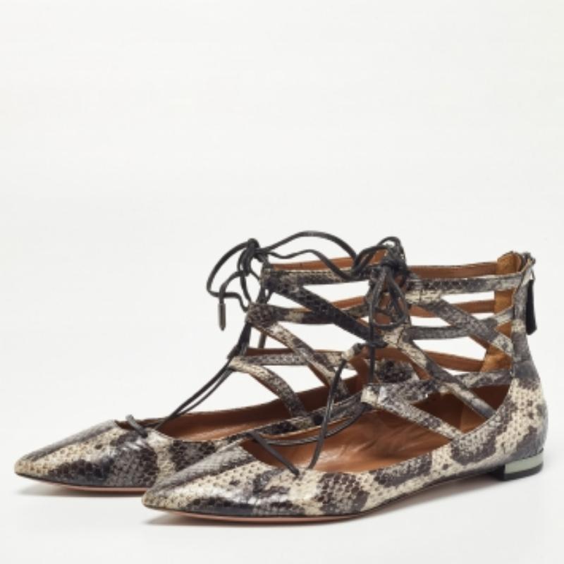 Aquazzura Two Tone Snakeskin Belgravia Ankle Tie Flats Size 36.5 en vente 3