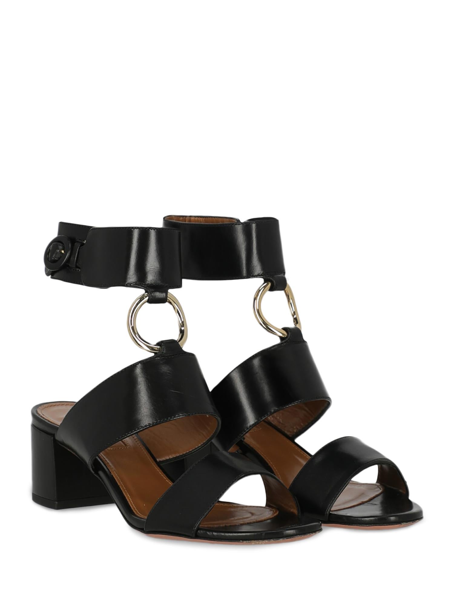 Product Description: Sandals, leather, solid color, buckle fastening, gold-tone hardware, open toe, branded insole, block heel, mid heel

Includes:
- Box
- Dust bag

Product Condition: Very Good
Heel: slightly visible mark. Sole: negligible signs of