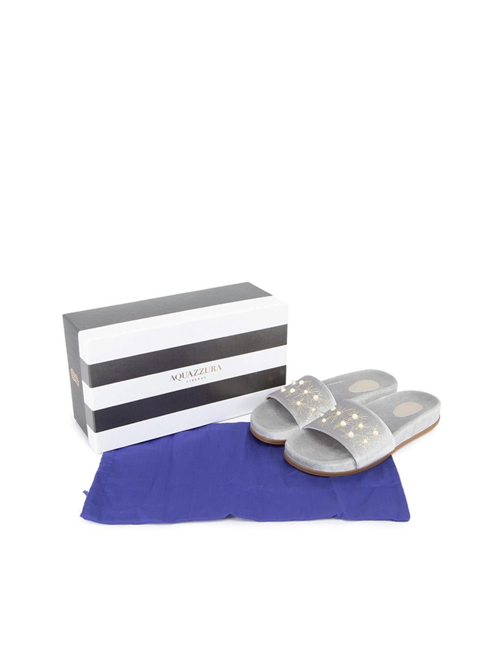 Aquazzura Women's Grey Velvet Pearl Embossed Slides For Sale 2
