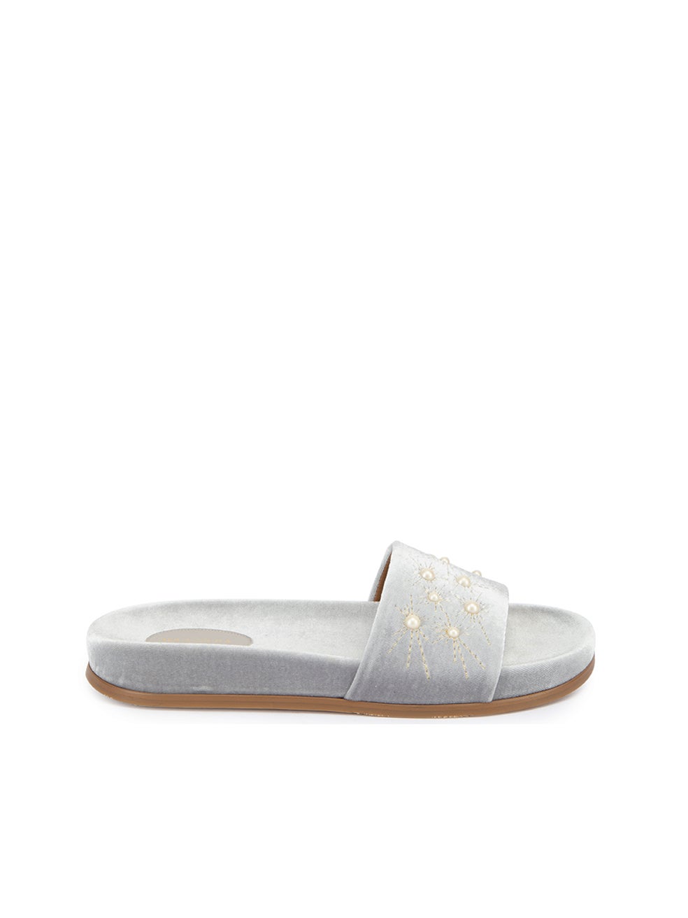 Aquazzura Women's Grey Velvet Pearl Embossed Slides For Sale