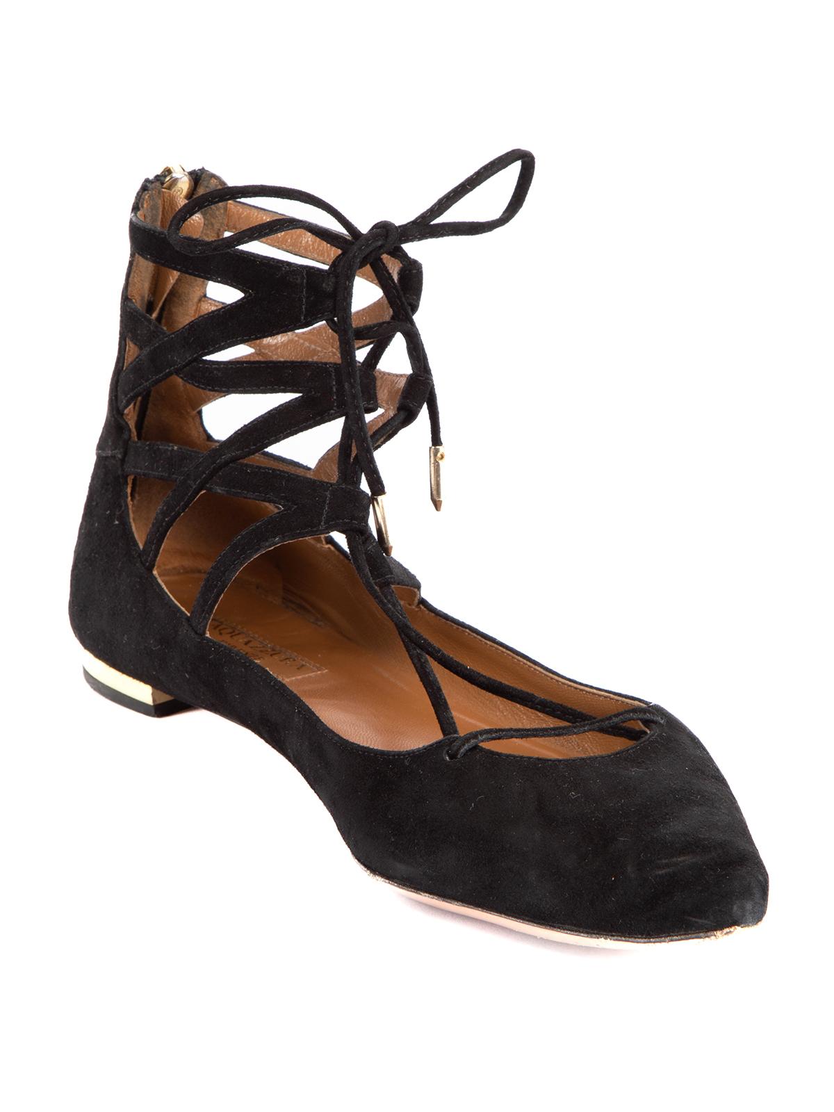 CONDITION is Good. Minor wear to flats are evident. There is general fading/marks to suede exterior, and significant wear to outsole on this used Aquazzura designer resale item.   Details  Black Suede Lace up ballet flats Point-toe  Zip at the back 