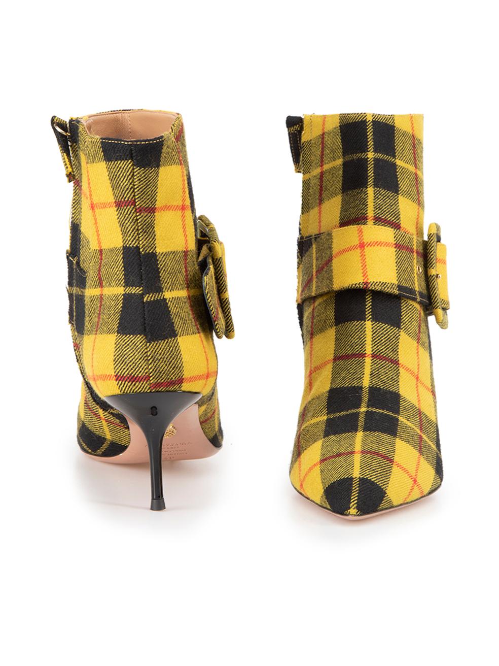 Aquazzura Women's Yellow Tartan Print Pointed Toe Ankle Boots In Good Condition In London, GB
