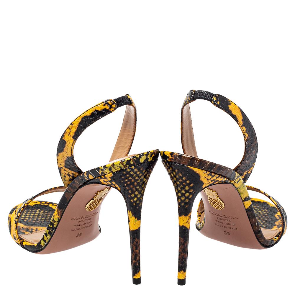 Women's Aquazzura Yellow/Black Embossed Leather Slingback Sandals Size 39