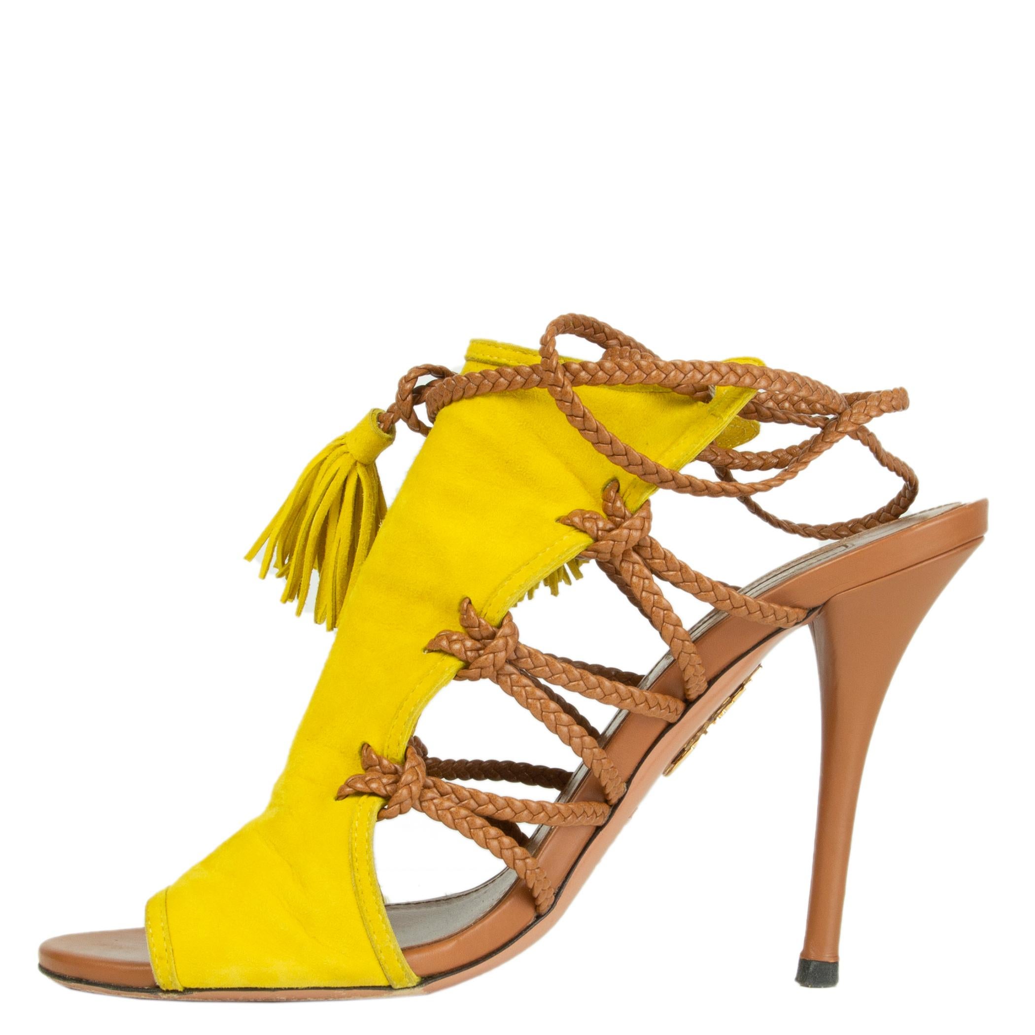 AQUAZZURA yellow suede & BRAIDED leather SAHARA Sandals Shoes 38 In Excellent Condition For Sale In Zürich, CH