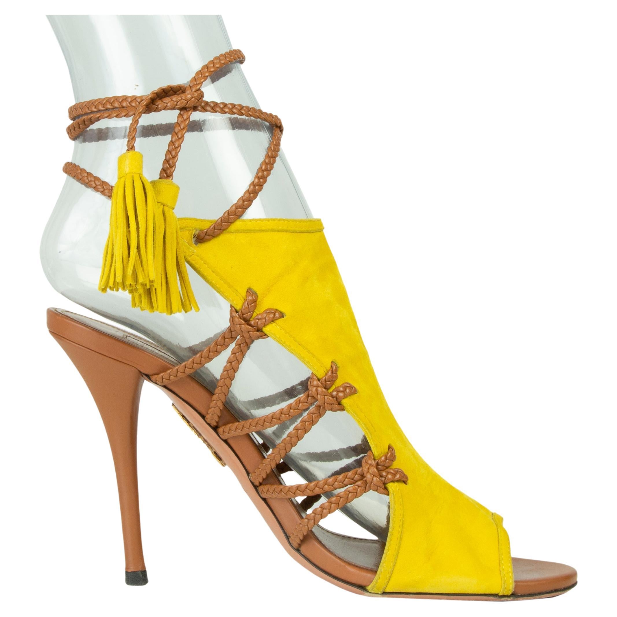 AQUAZZURA yellow suede & BRAIDED leather SAHARA Sandals Shoes 38 For Sale