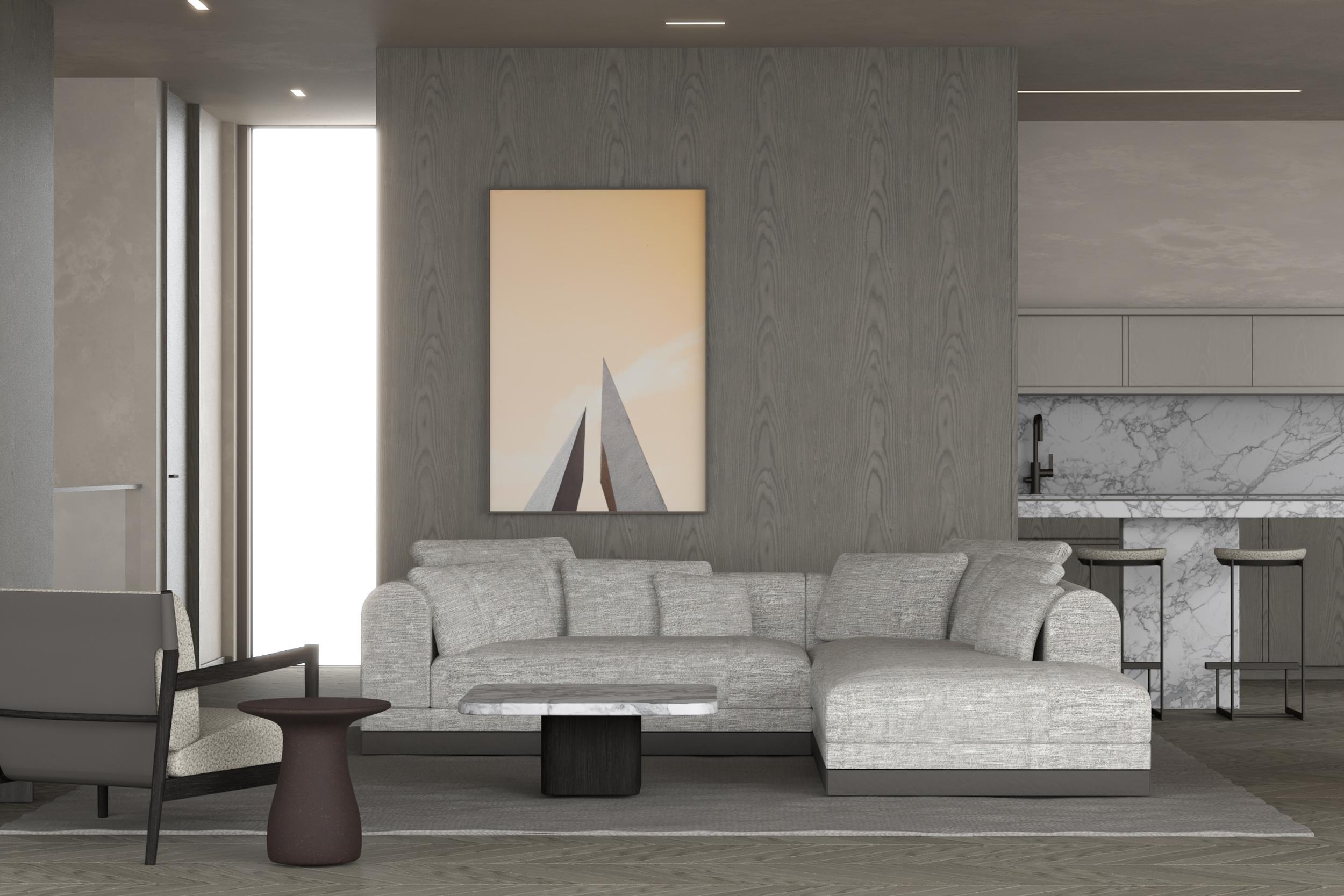 Linen 'Aqueduct' Contemporary Sofa by Poiat, Setup 1, Fox 02, High Plinth For Sale