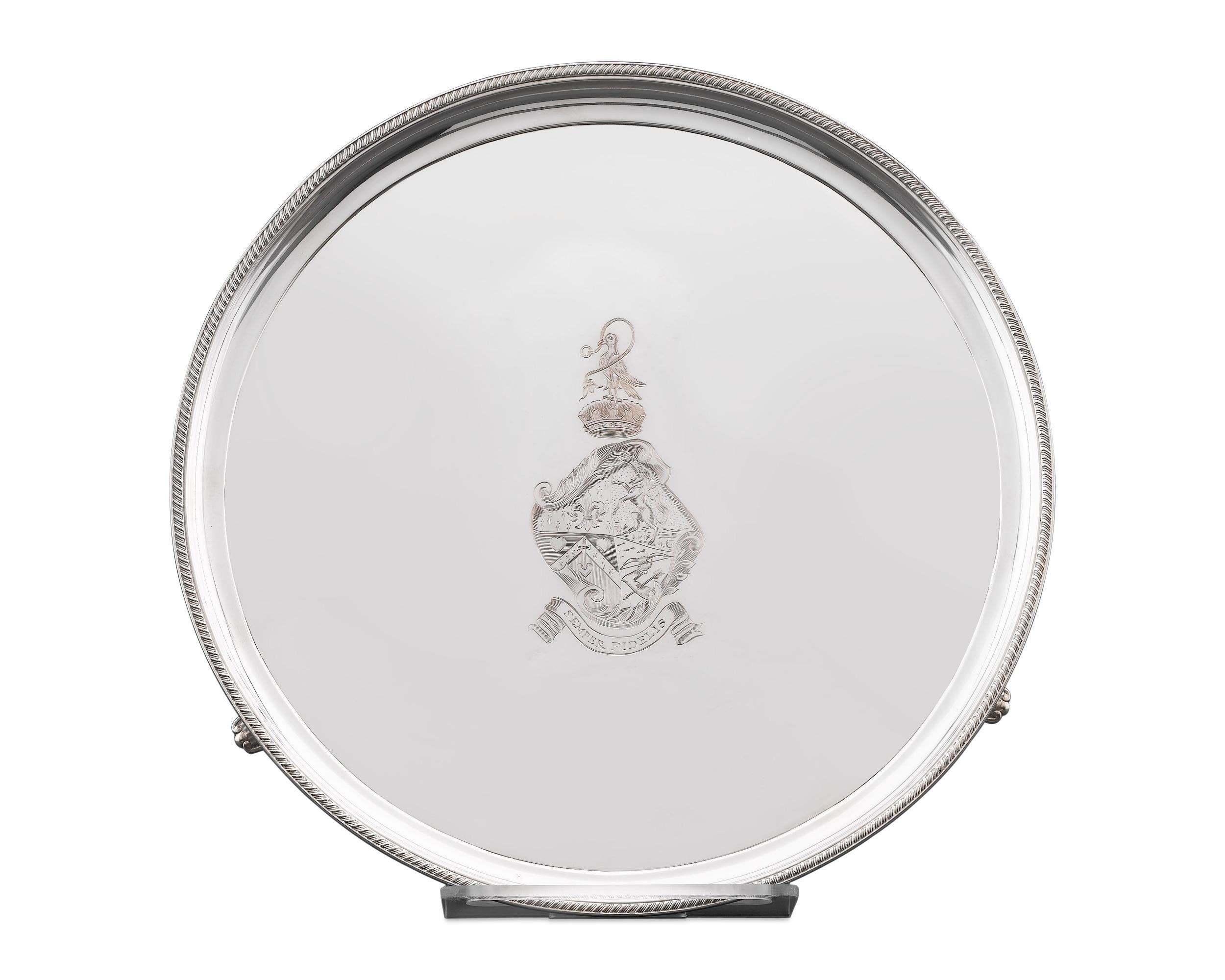 A rare and exceptional trophy, won by the thoroughbred personality at the 1970 Wood Memorial Stakes race held at the Aqueduct Racetrack. Beautifully crafted of plate silver, this exceptional platter is edged with an intricate gadrooned border and