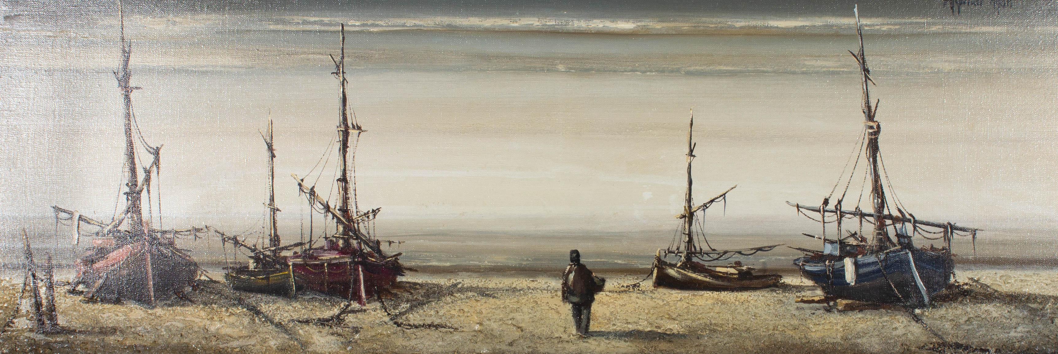 A panoramic view of fishing boats beached on the sand which is rendered with a highly textured impasto. Presented in a white painted wooden frame. Signed to the lower-right edge. On canvas on stretchers.
