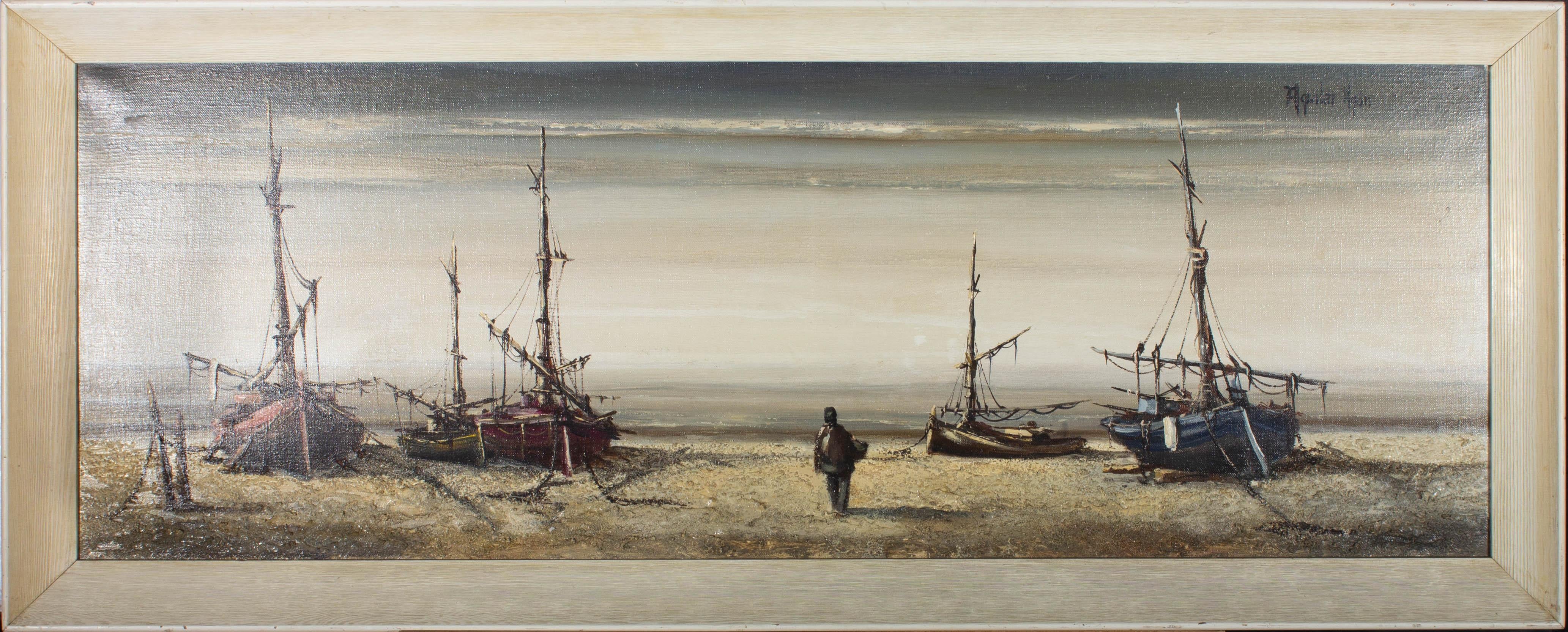 A panoramic view of fishing boats beached on the sand which is rendered with a highly textured impasto. Presented in a white painted wooden frame. Signed to the lower-right edge. On canvas on stretchers.
