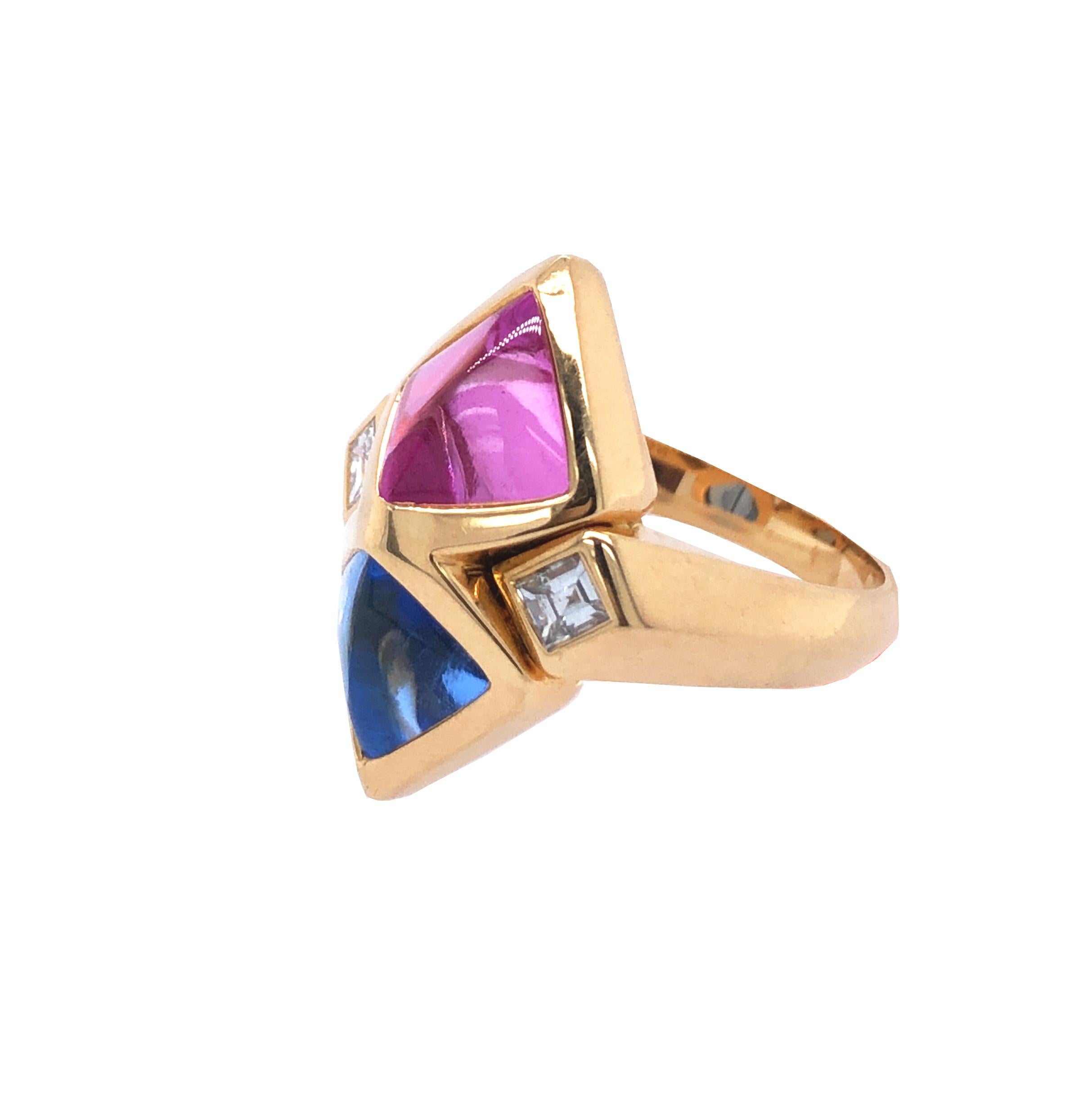 The geometric ring set with triangular cabochon blue and pink quartz, with square-cut diamonds
18k yellow gold
Signed Marina B, numbered
Ring size 5 ¾; Gross weight 8.3 g 5.3 dwts