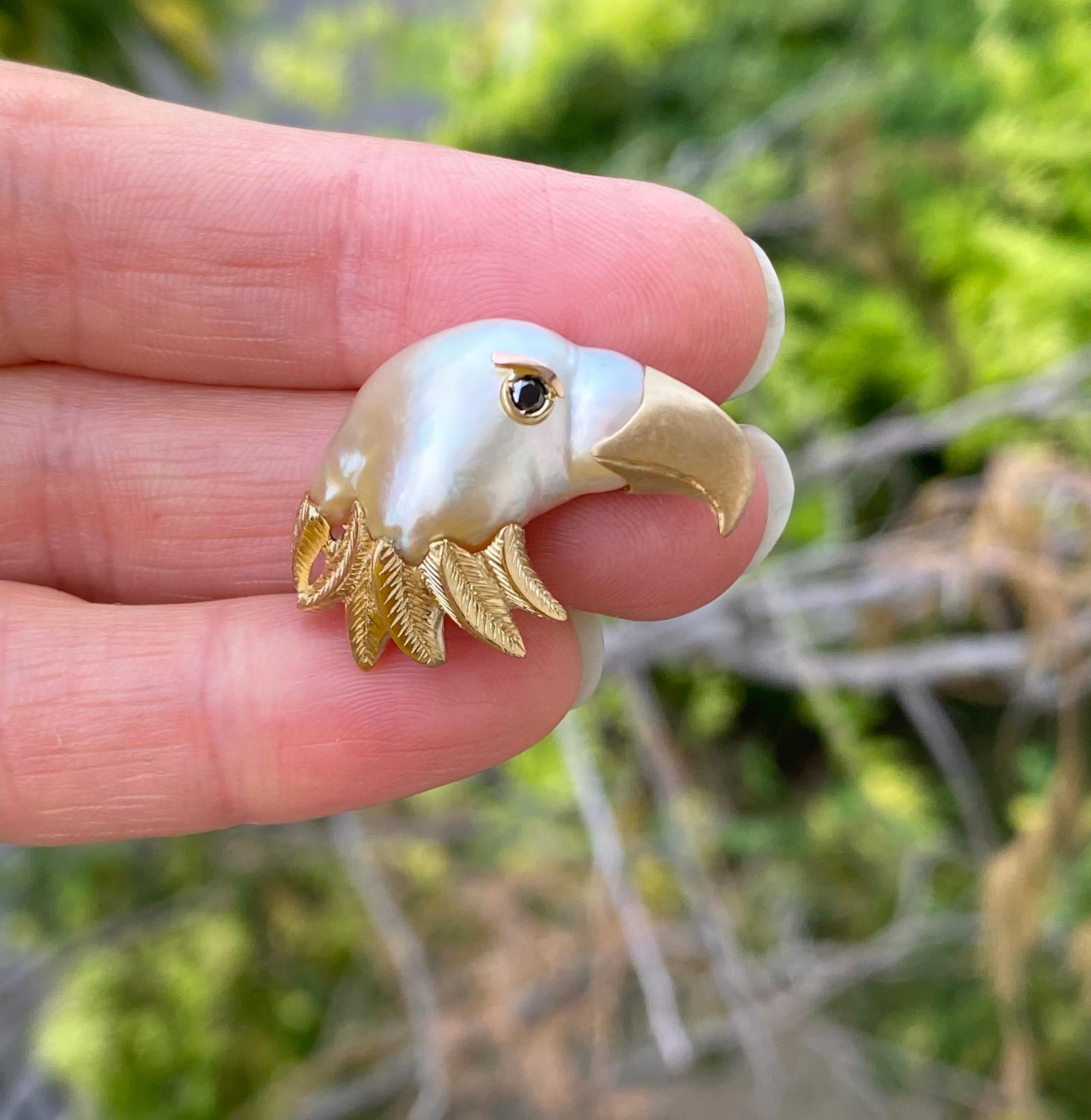Artist 18Kt diamond and pearl keshi gold eagle jacket brooch For Sale