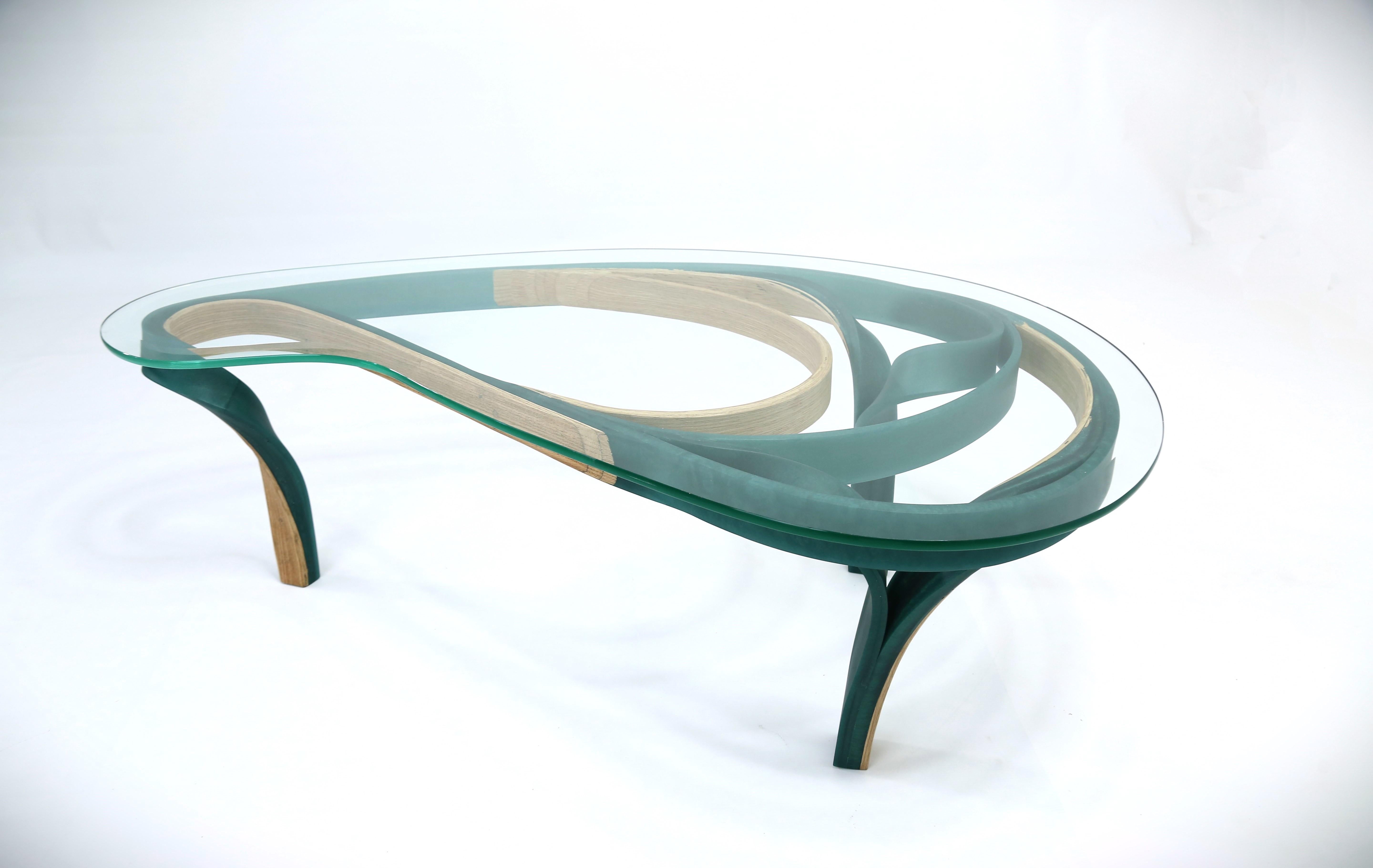 Woodwork Aquila Table by Raka Studio x Hamdi Studio - Green Resin and Ash Wood with Glass For Sale