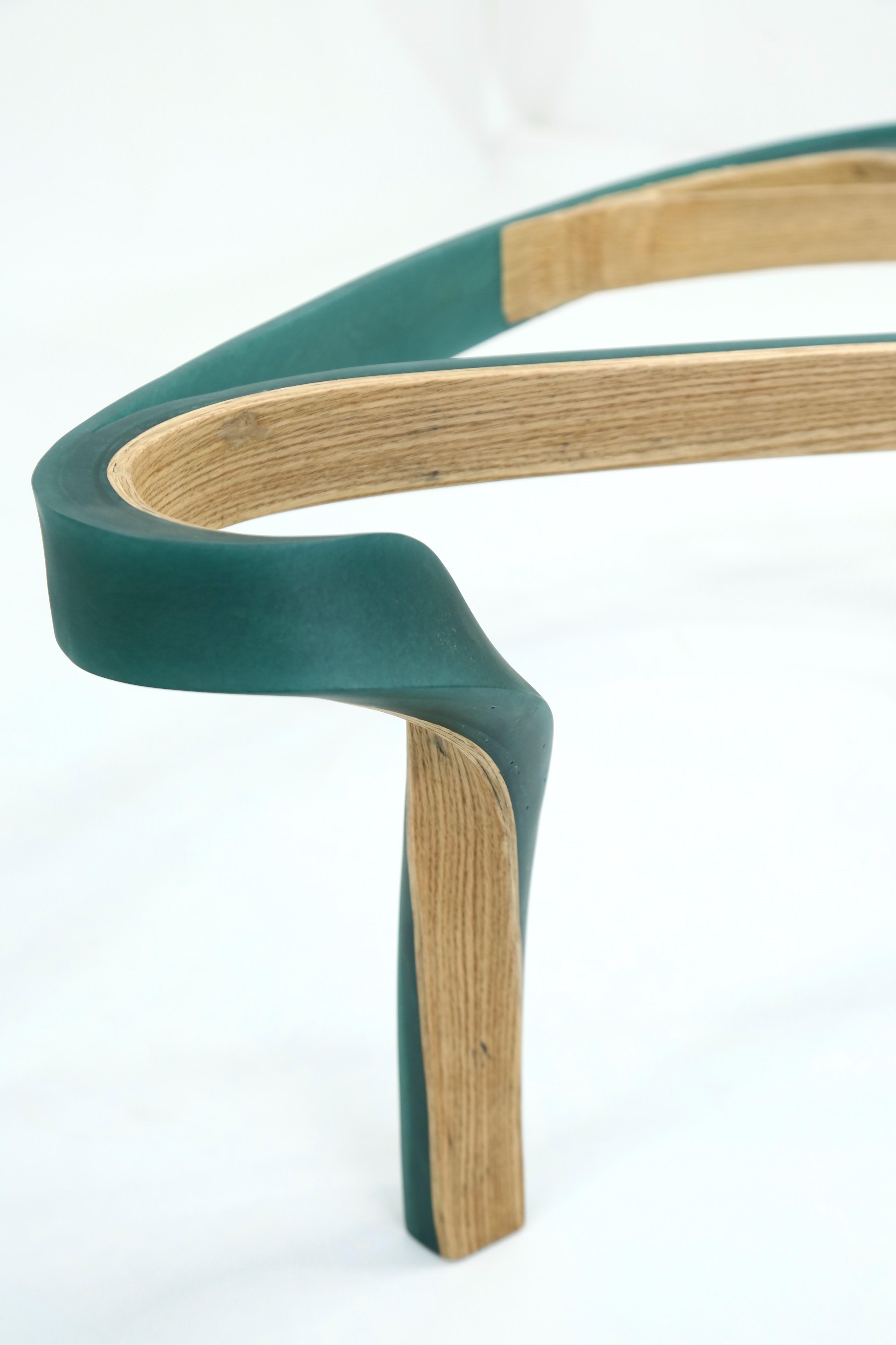 Contemporary Aquila Table by Raka Studio x Hamdi Studio - Green Resin and Ash Wood with Glass For Sale
