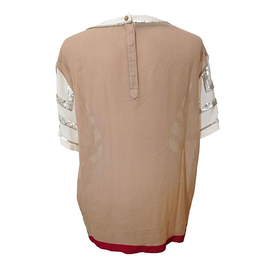 Silk Beige and creme white color Sequins insert Round neck Short sleeves Maximum length cm 60 (23,62 inches) Shoulders cm 45 (17,71 inches)
