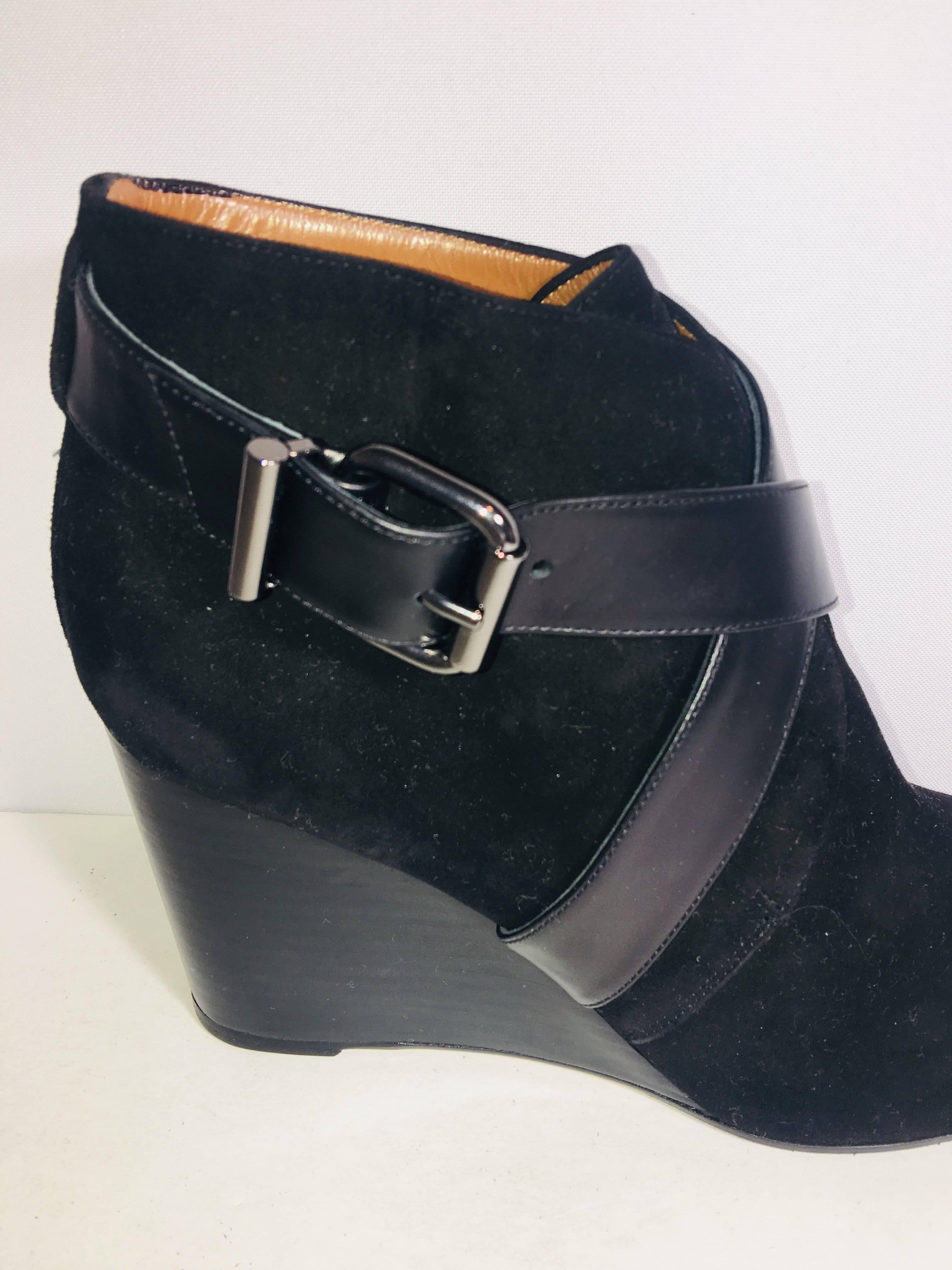 Aquitania Wedge Ankle Booties with Leather Criss Cross Straps in Size US 9 in Black Suede.