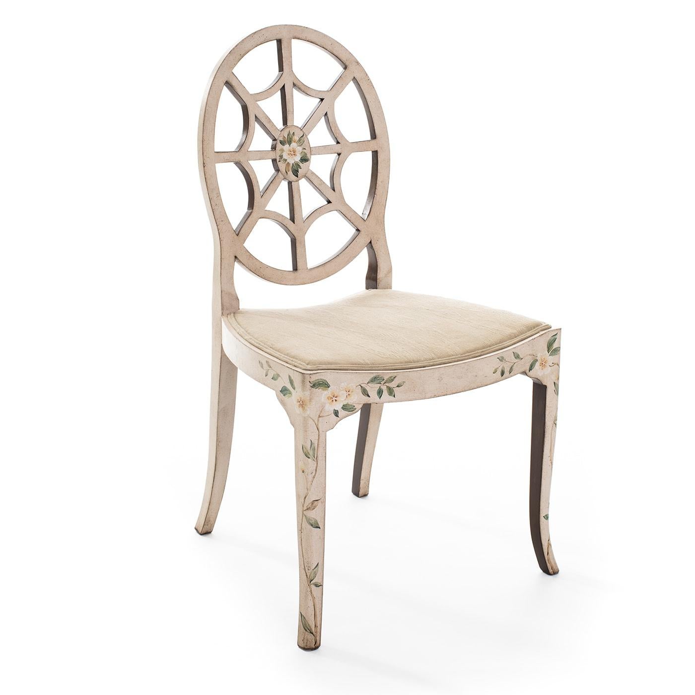 Introducing our distinguished Aquileia Chair, boasting an upholstered seat of exceptional quality. This exquisite dining chair showcases a flawless flex color finish adorned with charming branches and floral decorations. Complete with full