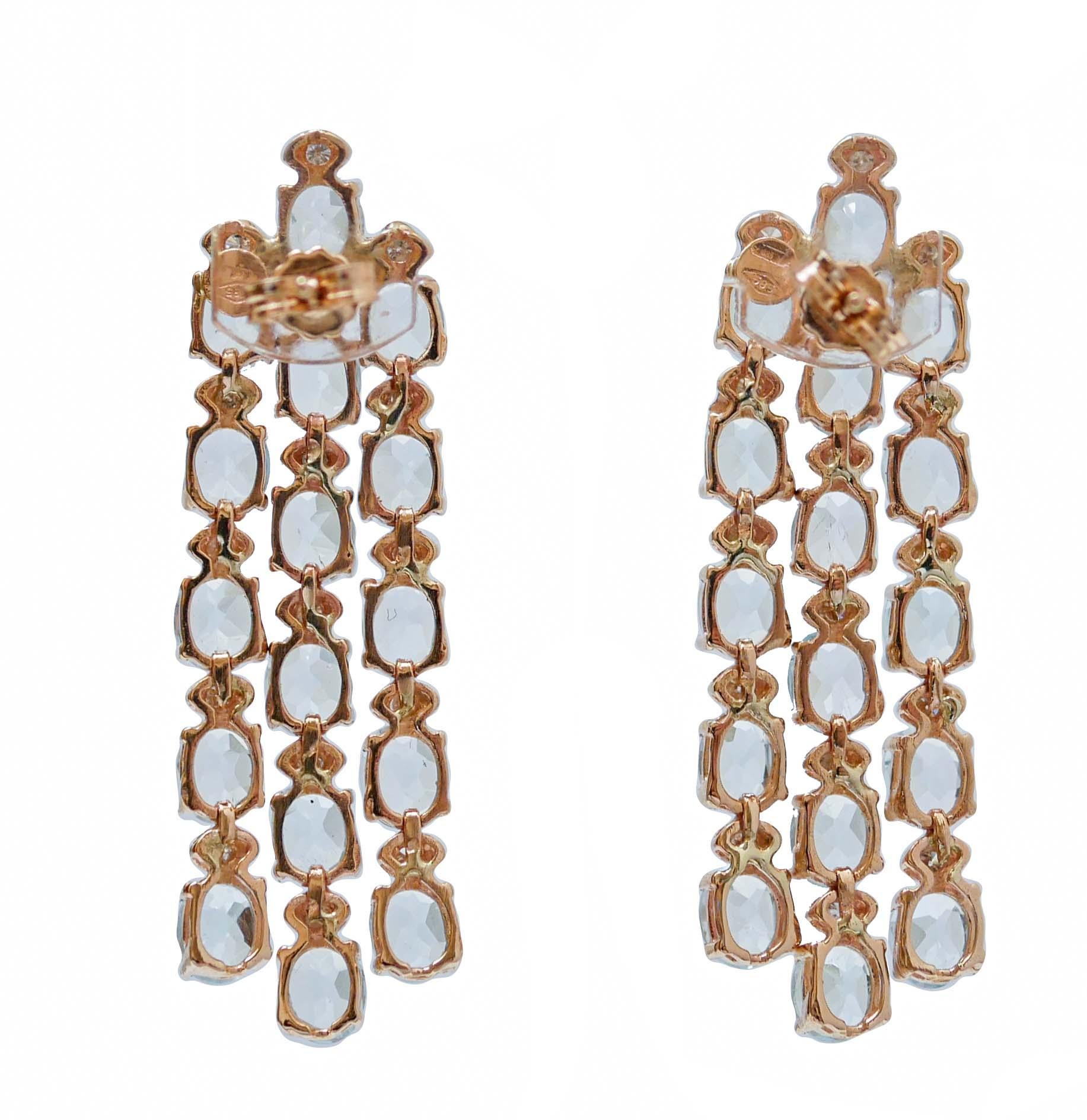 Retro Aqumarine Colour Topazs, Diamonds, 14 Karat Rose Gold Earrings. For Sale