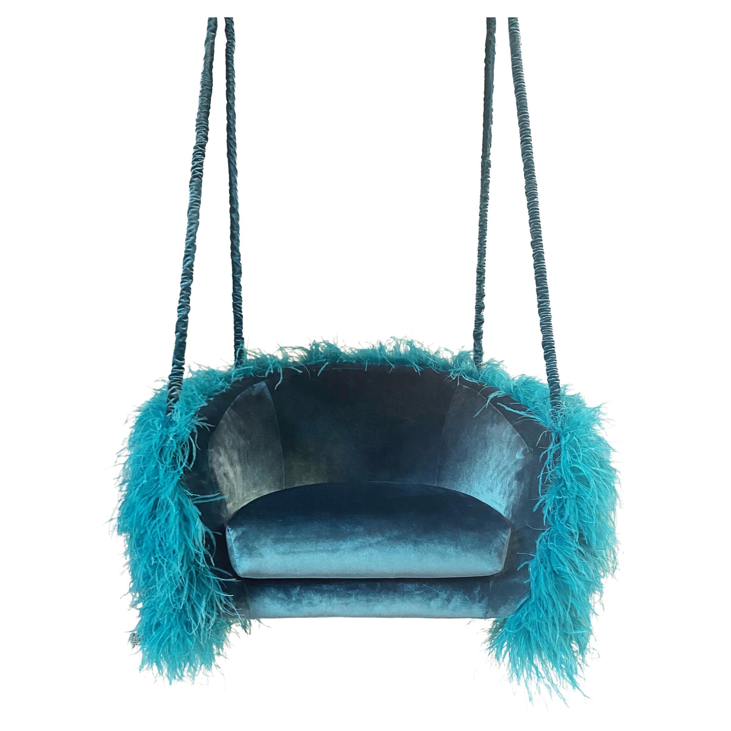 Aqva Swing Armchair, a Prized Upholstery in Turquoise Ostrich Feathers For Sale
