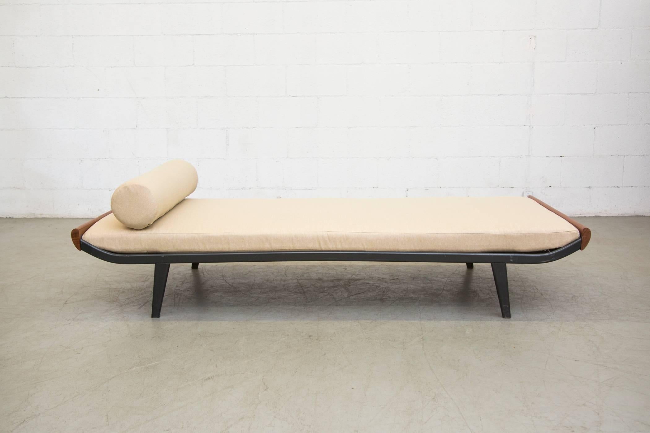 1960s wide version Cleopatra style daybed by A.R. Cordemeyer for Auping with teak ends and dark charcoal grey enameled metal frame and newly custom-made mattress and bolster in froth colored fabric. Frames and wood tone may vary, frames have age
