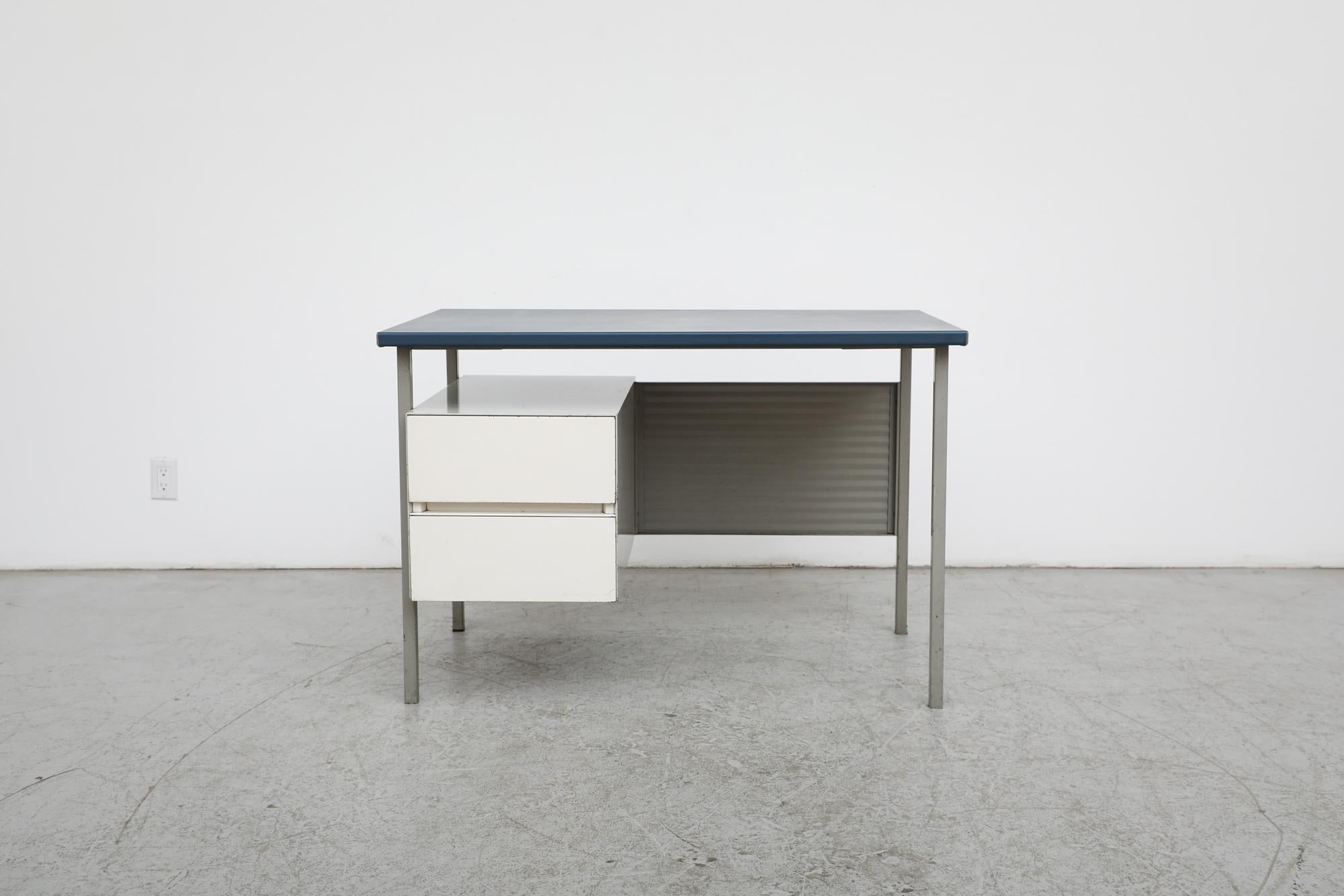 Mid-Century Modern White & Gray A.R Cordemeyer for Gispen 3803 desk with Blue Linoleum Top For Sale