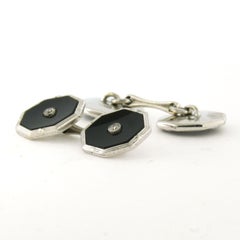AR DECO 9k gold cufflinks with onyx and single cut diamond total 0.14ct