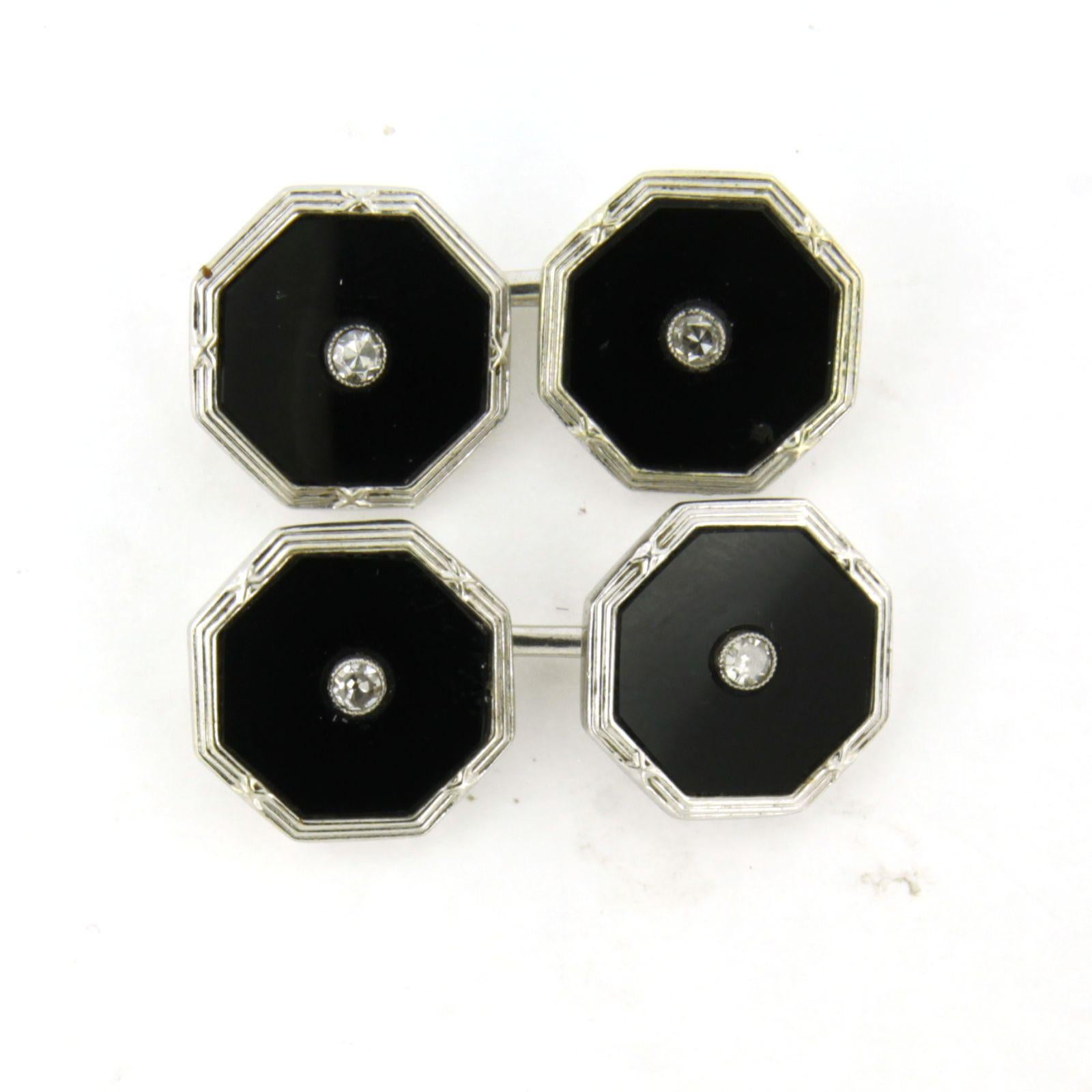 Art Deco AR DECO 9k gold cufflinks with onyx and single cut diamond total 0.14ct For Sale