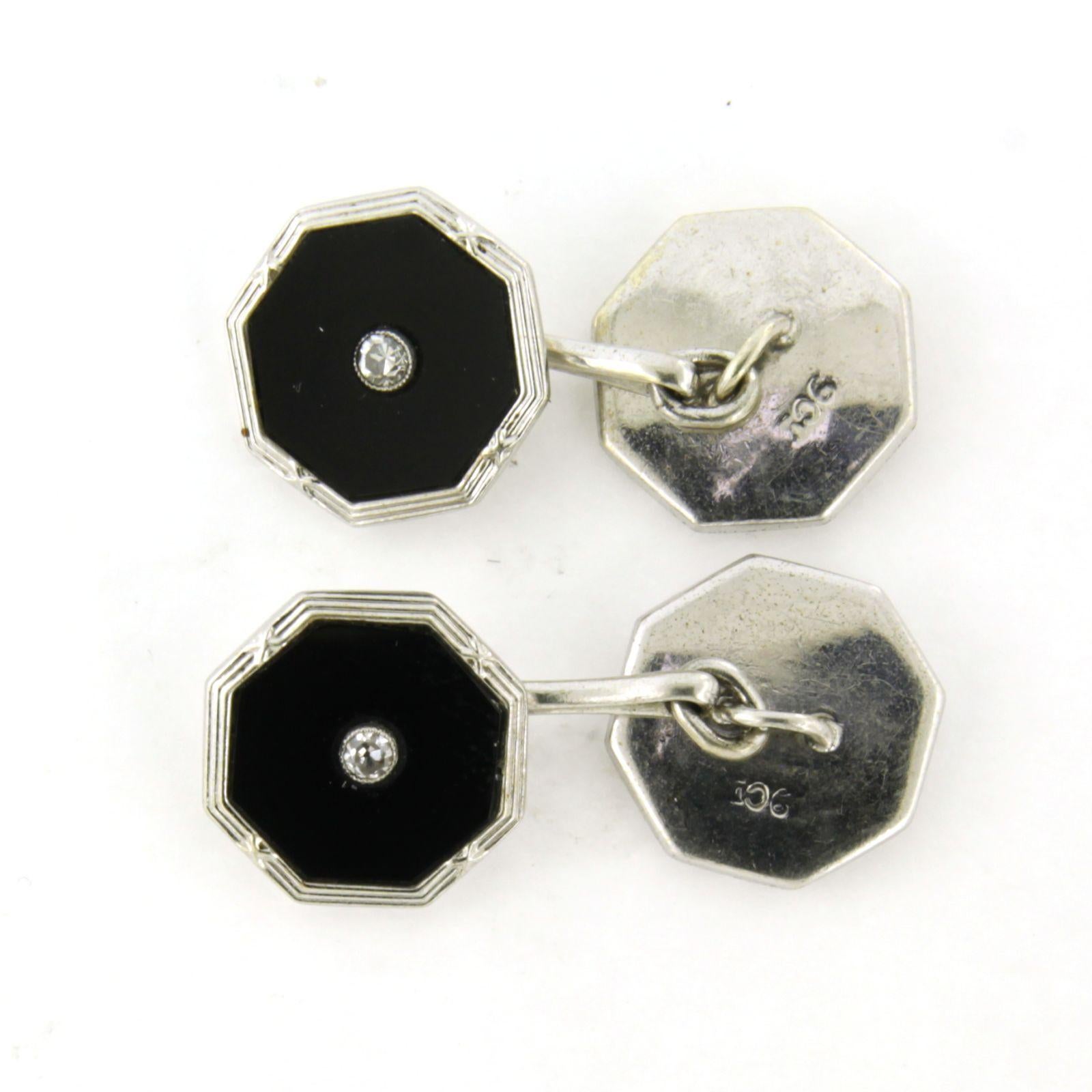 Single Cut AR DECO 9k gold cufflinks with onyx and single cut diamond total 0.14ct For Sale
