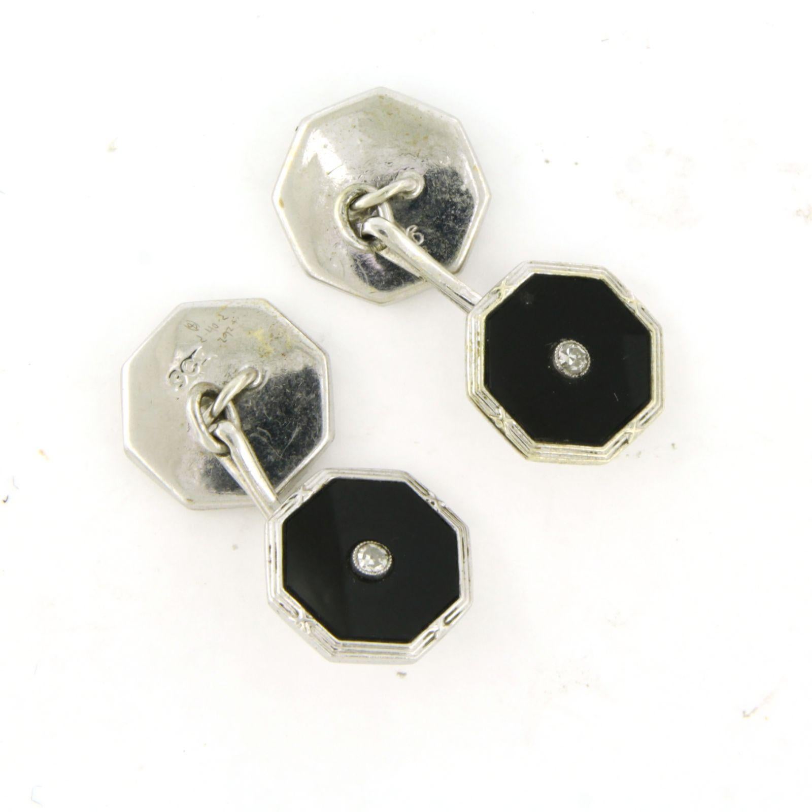 Women's AR DECO 9k gold cufflinks with onyx and single cut diamond total 0.14ct For Sale