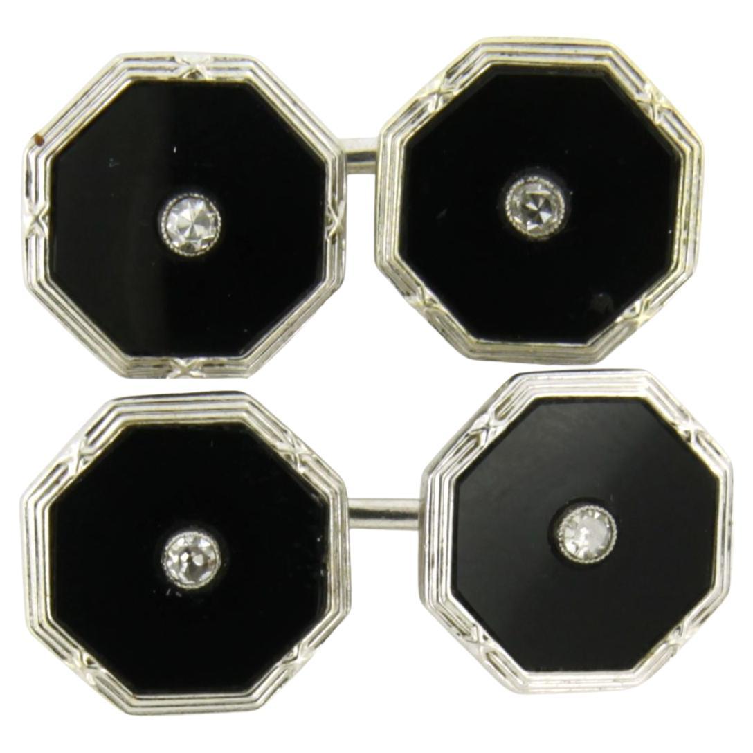 AR DECO 9k gold cufflinks with onyx and single cut diamond total 0.14ct