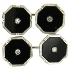 Antique AR DECO 9k gold cufflinks with onyx and single cut diamond total 0.14ct