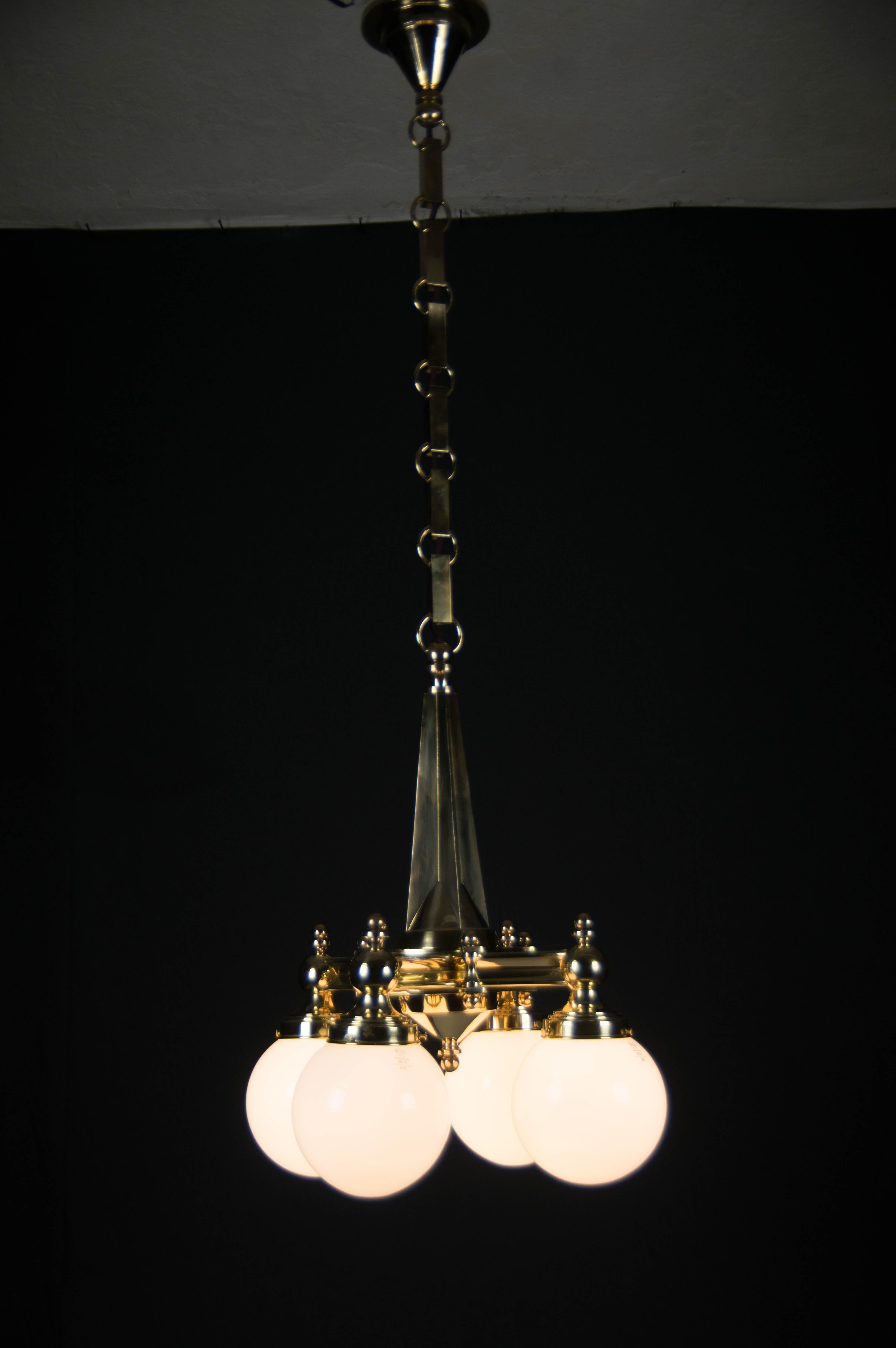 Czech Art Deco Brass 4-Flamming Chandelier, 1920s