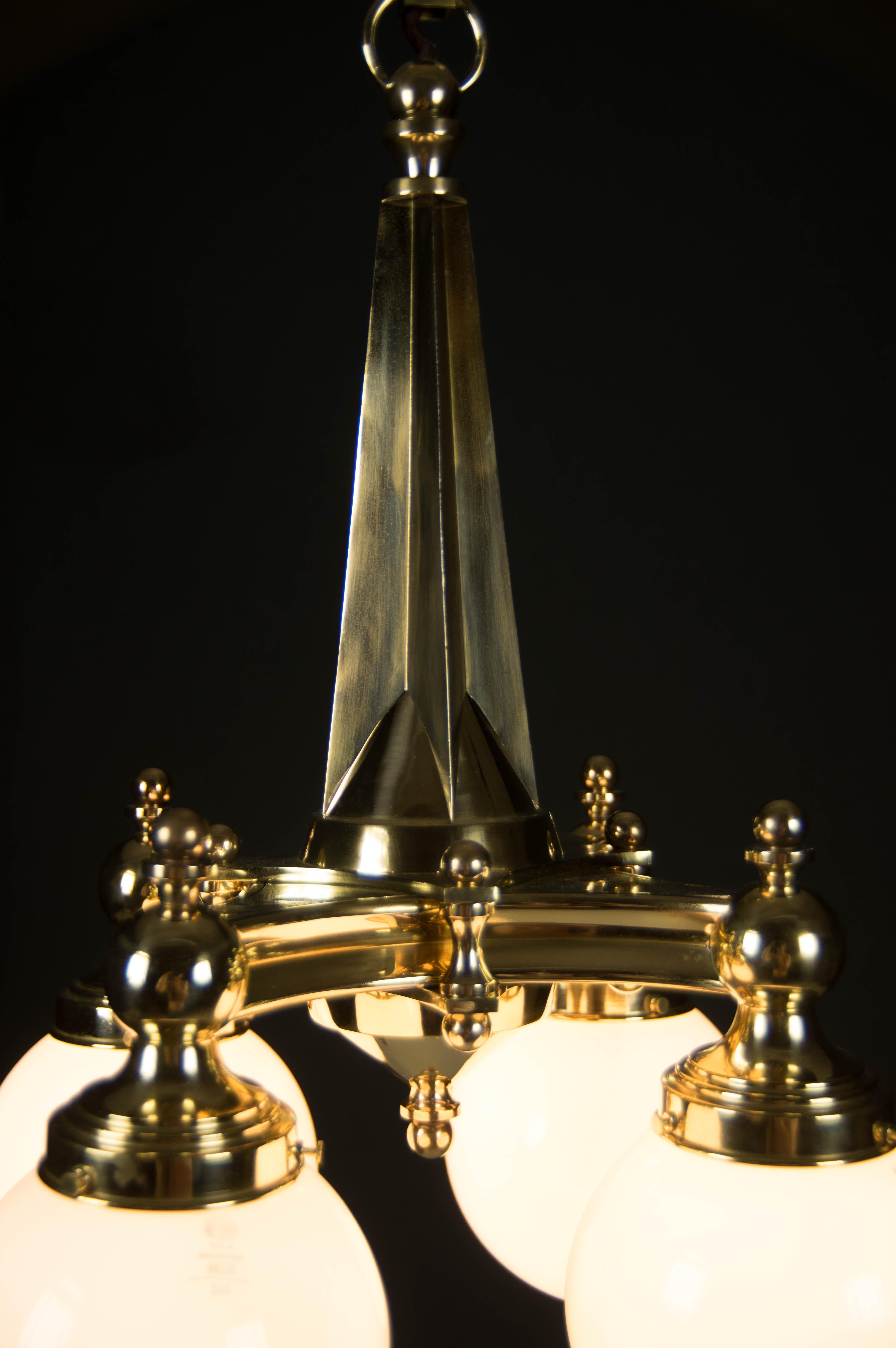 Early 20th Century Art Deco Brass 4-Flamming Chandelier, 1920s