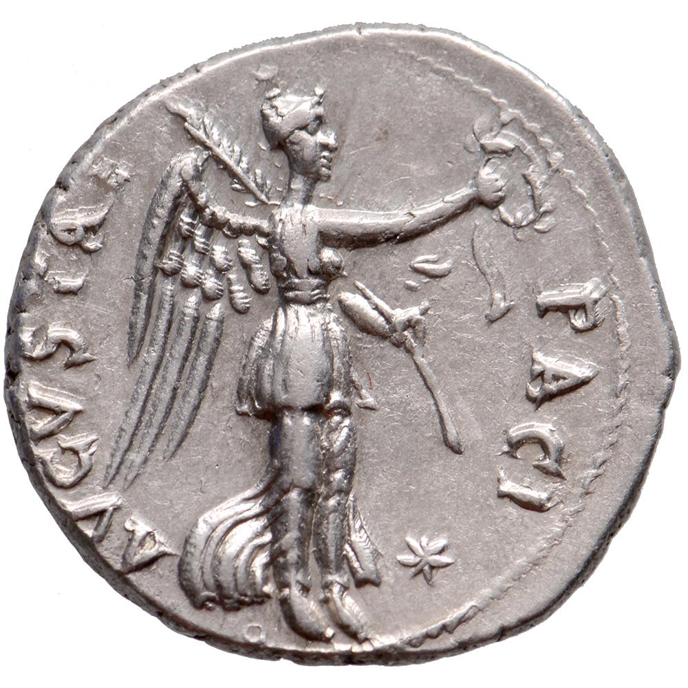 Obverse: IMP CAESAR VESPAS AVG COS V TR P P P, laureate head right
Reverse: AVGVSTAE – PACI, Victory standing right, holding shouldered palm frond with her left hand and a wreath in her outstretched right hand, star in right field
 
EXCEPTIONAL