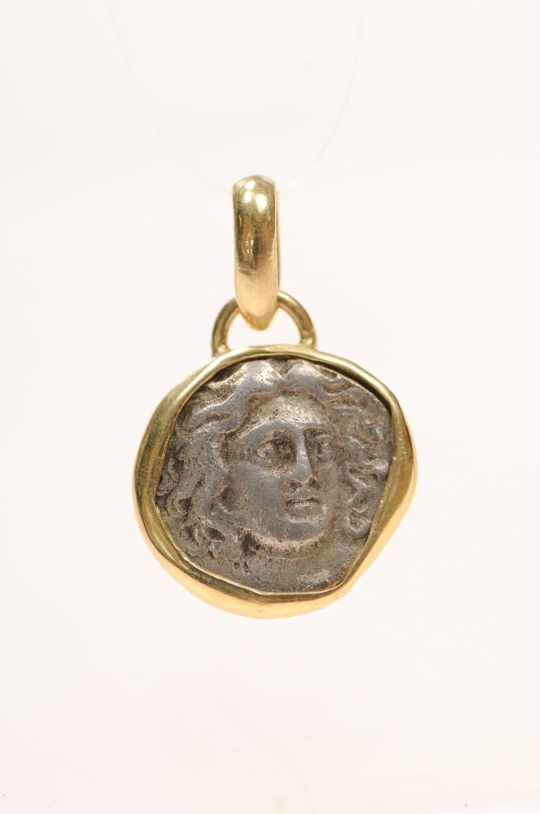 Classical Greek AR Drachm Helios [coin} Pendant with 18K gold (pendant only) For Sale