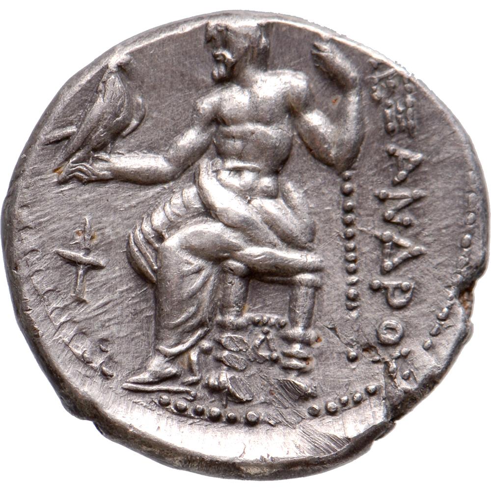 Obverse: head of Herakles right, wearing lion skin
Reverse: [AΛ]EΞANΔPOY, Zeus Aëtophoros seated left; torch in left field, A below throne

Weight: 4.29 g
Grade: Extremely Fine
Mint: Sardes
Reference: Price 2637
Year: 322-319/8 BC