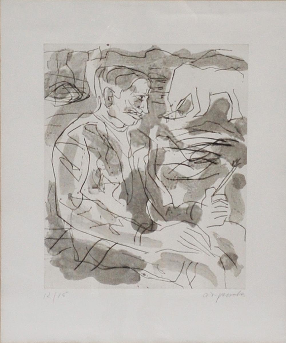 A.R. Penck (Ralf Winkler) Portrait Print - A.R. Penck, Neo-Expressionistic Etching, signed, "Portrait of Per Kirkeby"
