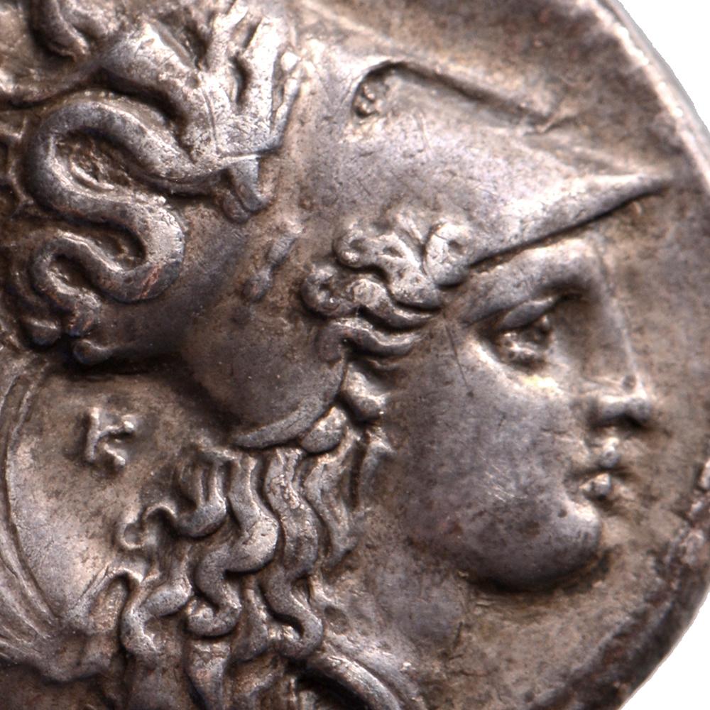 Obverse: [HPAKLHIWN], head of Athena right, wearing crested Athenian helmet ornamented with Skylla; behind, K
Reverse: HPAKLHIWN, Herakles, naked, standing facing, holding club and bow, lion’s skin over left arm; in field to left, vase above
 
NICE