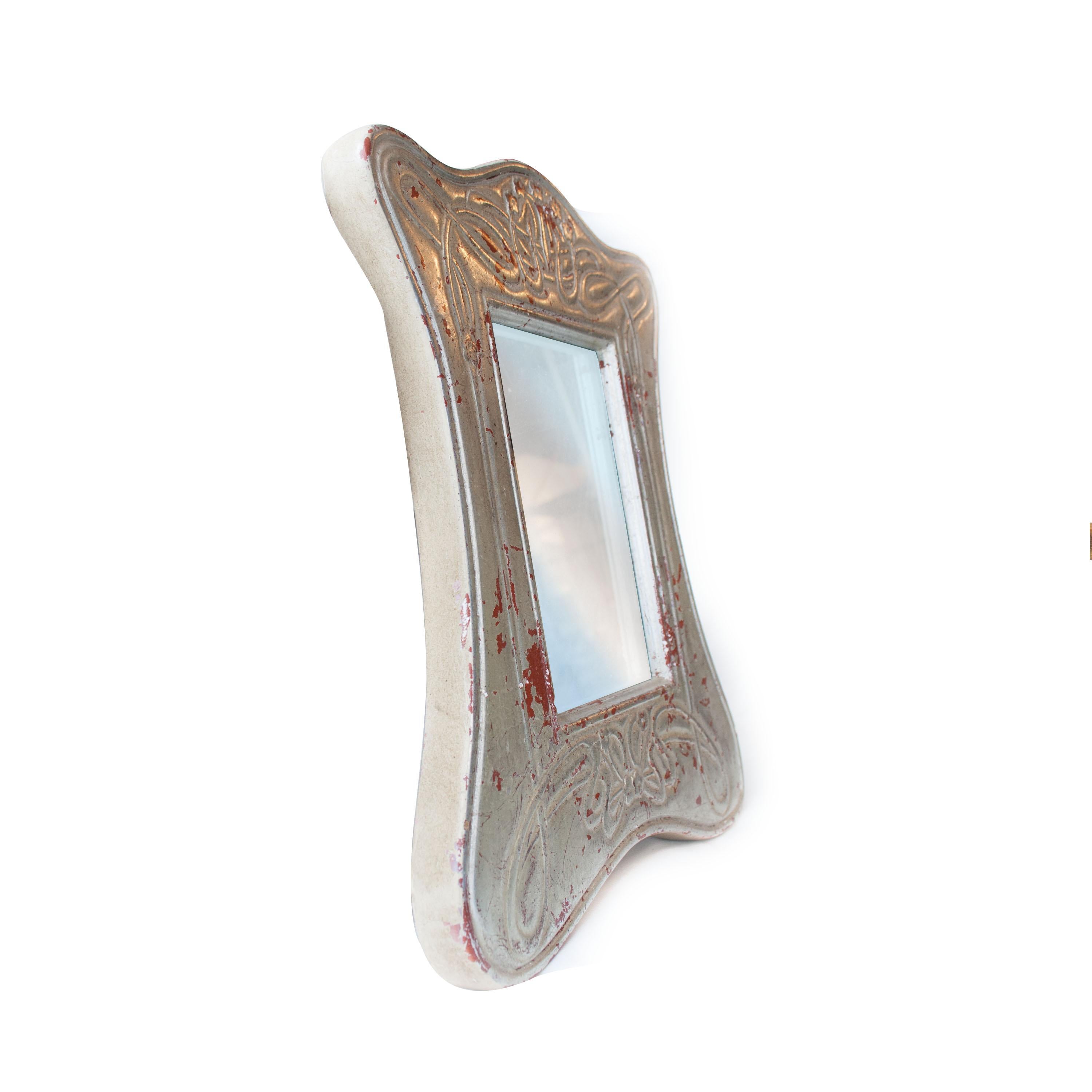 Art Nouveau handcrafted mirror. Rectangular hand carved wooden structure with silver foil finished, Spain, 1970.