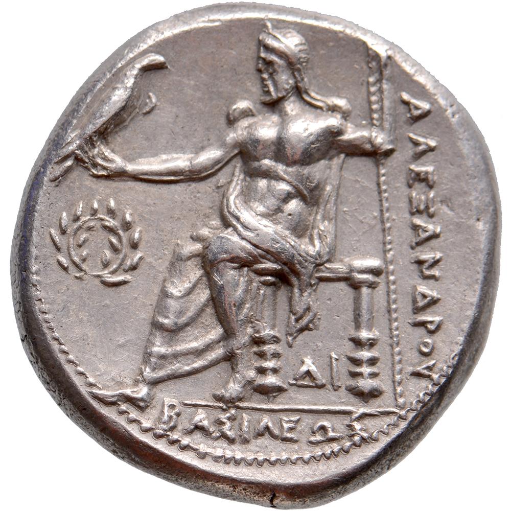 Avers : tête d'Héraklès à droite portant une coiffe en peau de lion
Revers : Zeus trônant à gauche, aigle sur la main droite tendue, sceptre dans la main gauche
 
STYLE FIN
 
Délivrance tardive du vivant ou posthume précoce

Poids : 16,67 g
Grade :