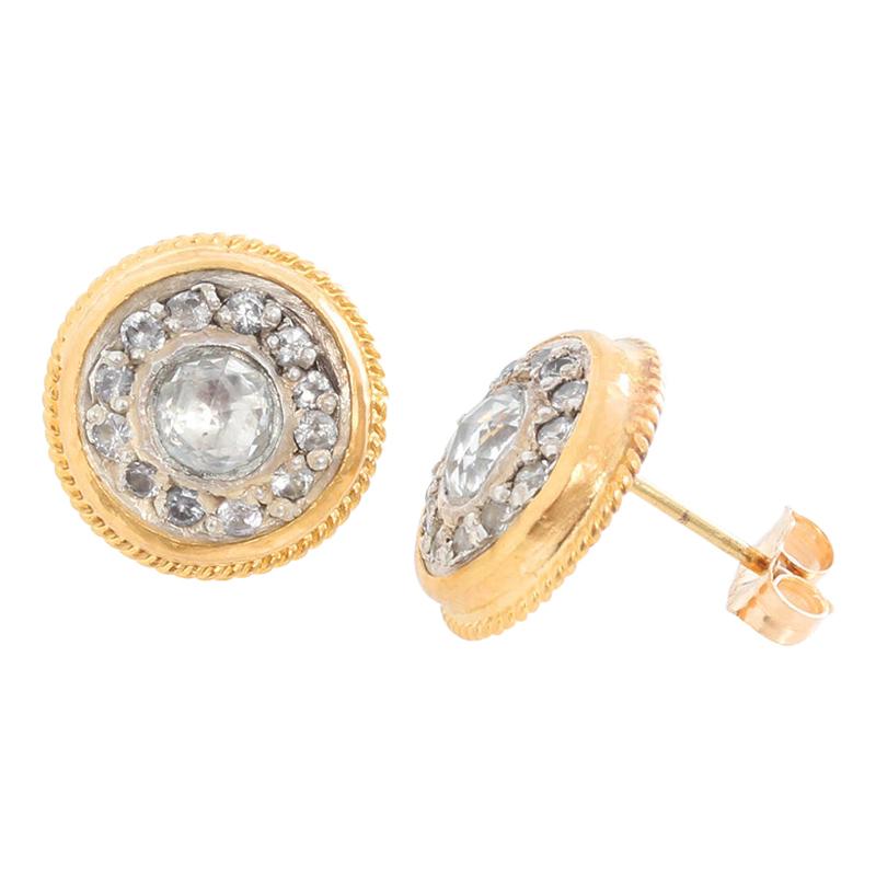 Ara 14 Karat Yellow Gold and Sapphire Diamond Studs For Sale