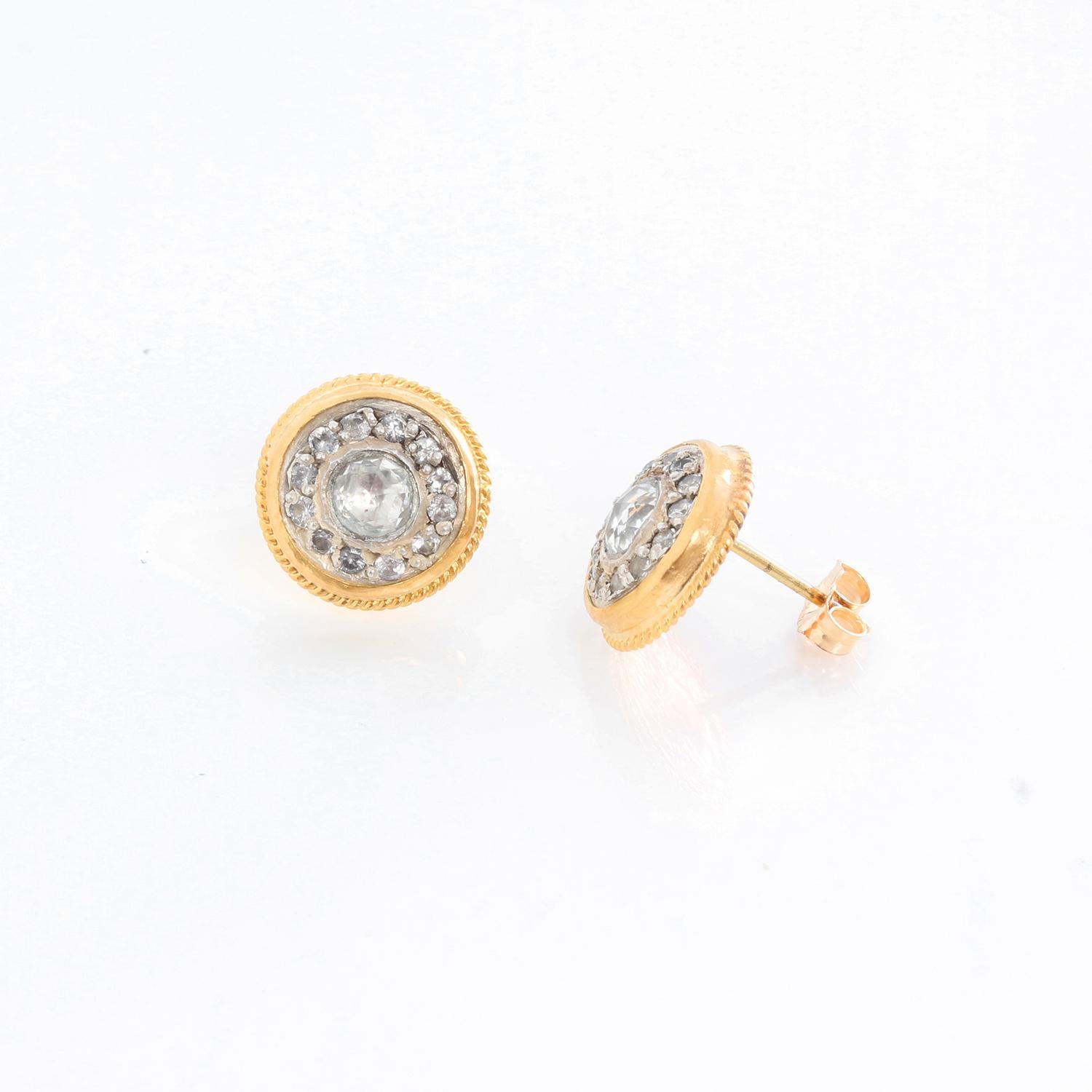 Women's Ara 14 Karat Yellow Gold and Sapphire Diamond Studs For Sale