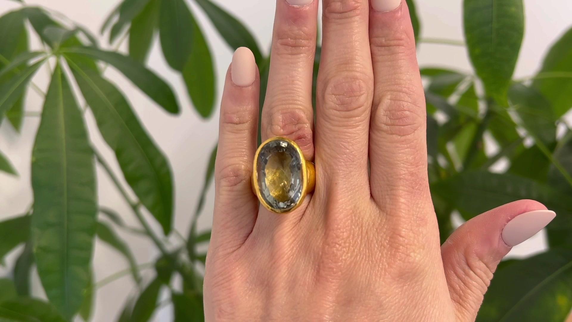 Oval Cut ARA 17.00 Carat Aquamarine 24 Karat Yellow Gold Cocktail Ring