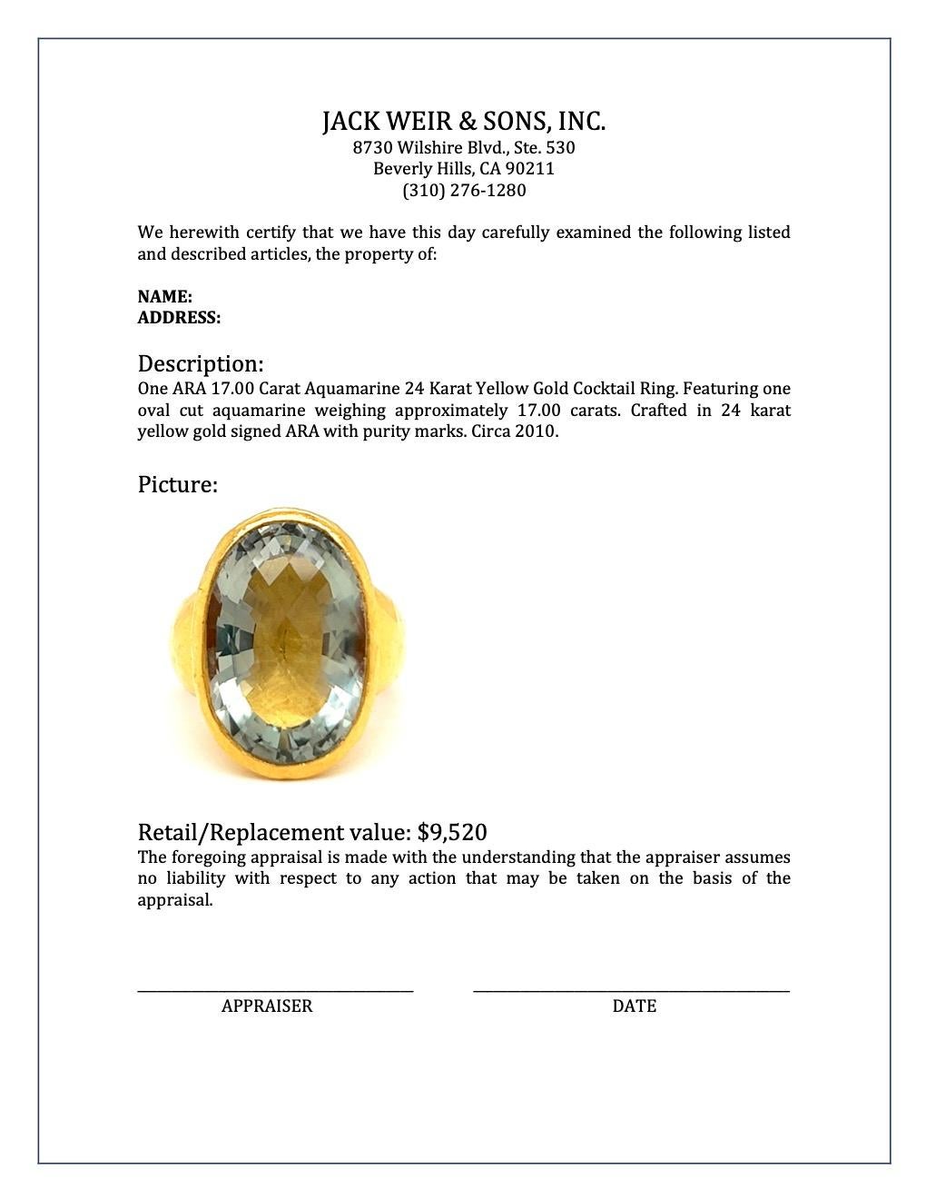 ARA 17.00 Carat Aquamarine 24 Karat Yellow Gold Cocktail Ring 2
