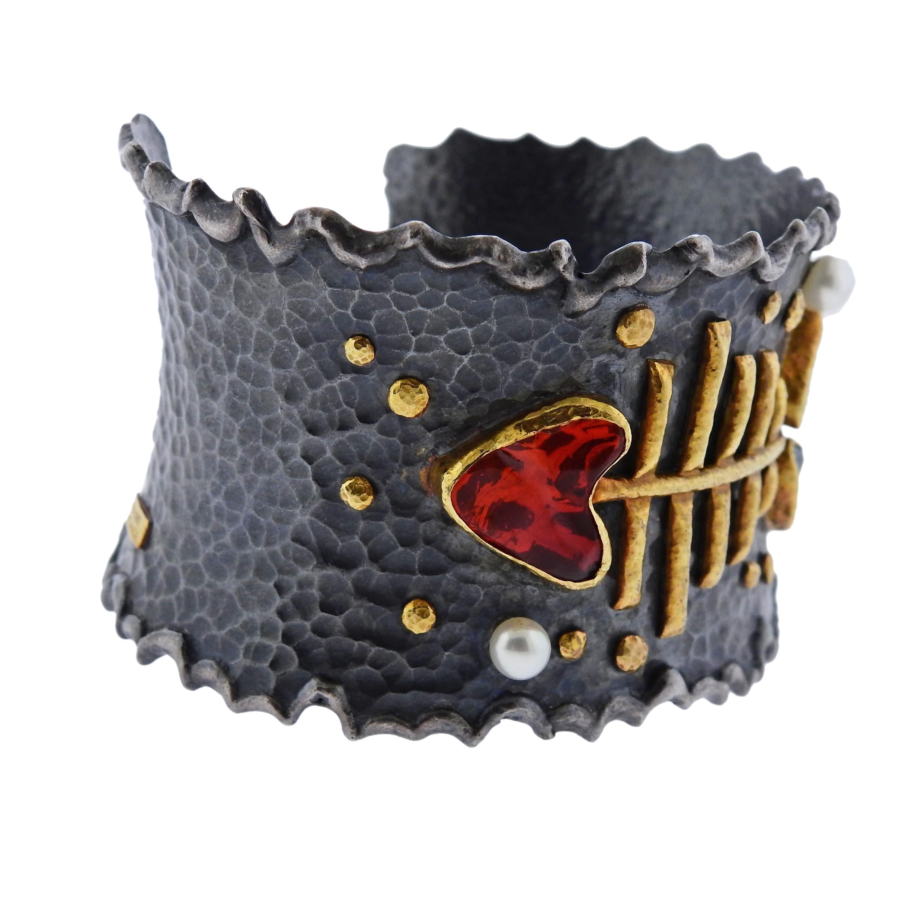 24k gold and oxidized silver wide cuff bracelet, crafted by Ara, featuring fish bone, decorated with Pearls, Jelly Opal, Boulder Opals.  Bracelet will fit approx. up to 7.5