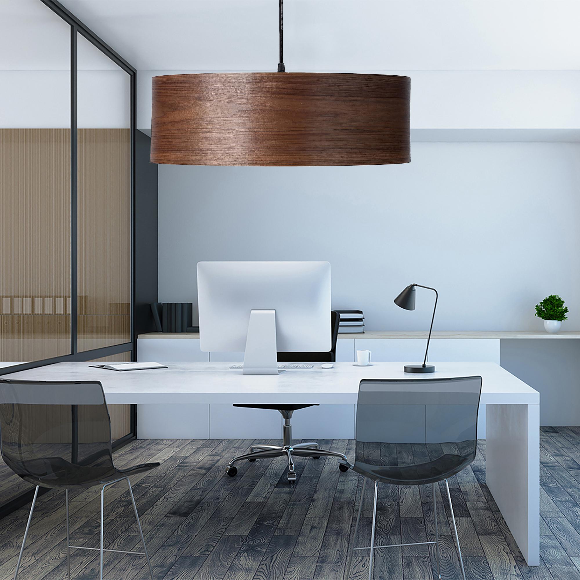 ARA is a contemporary, Mid-Century Modern light fixture. This is a minimalist luxury drum pendant design and can be exhibited in bedrooms, offices, dining nooks, and restaurants. Walnut is prized by designers for its glorious tight grain pattern. We