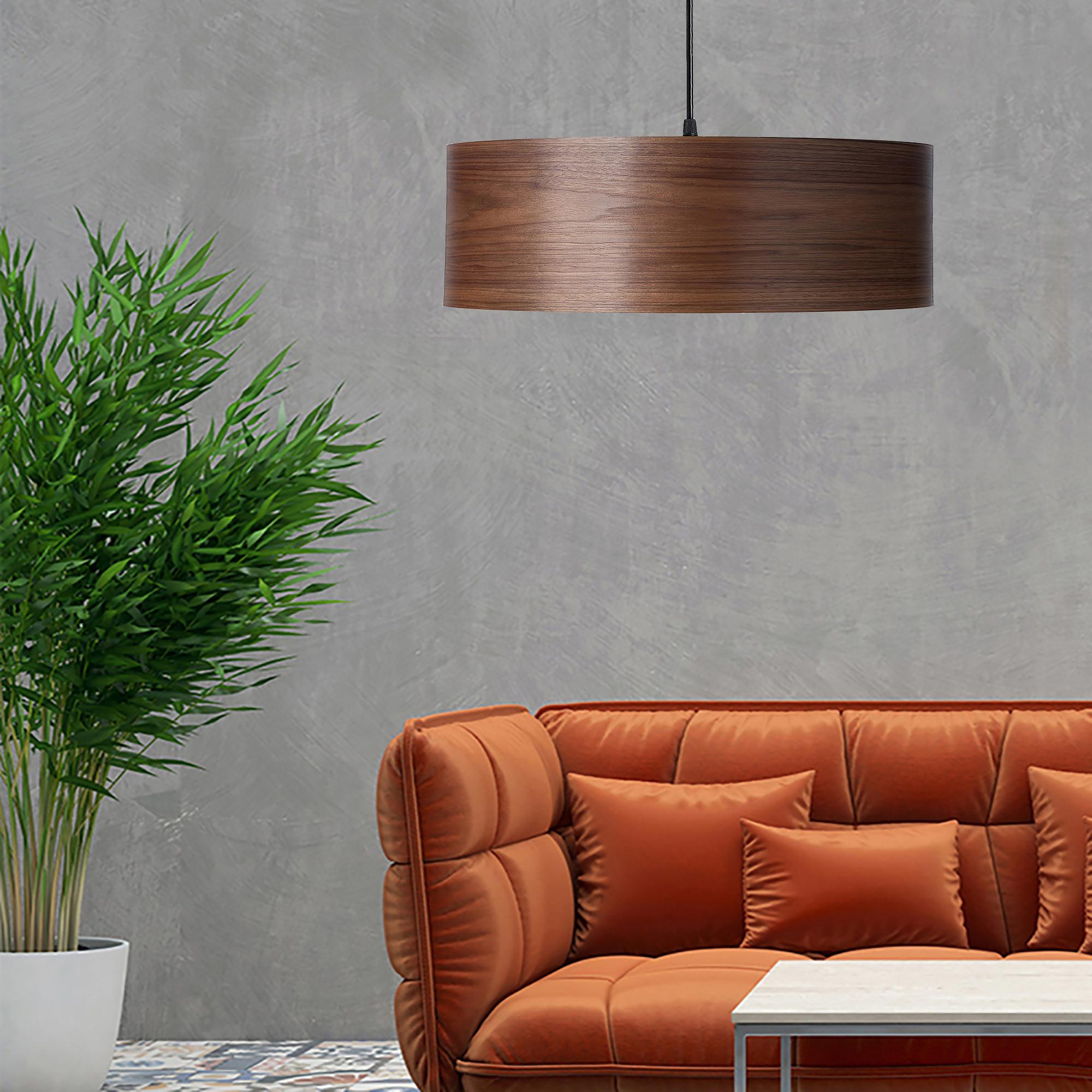 This large walnut wood drum light, ARA Grande, is a Mid-Century Modern style pendant. As a chandelier for alcove, entryway, dining room or conference room, ARA Grande is offered in several customized wood types. ARA Grande gives a warm light,