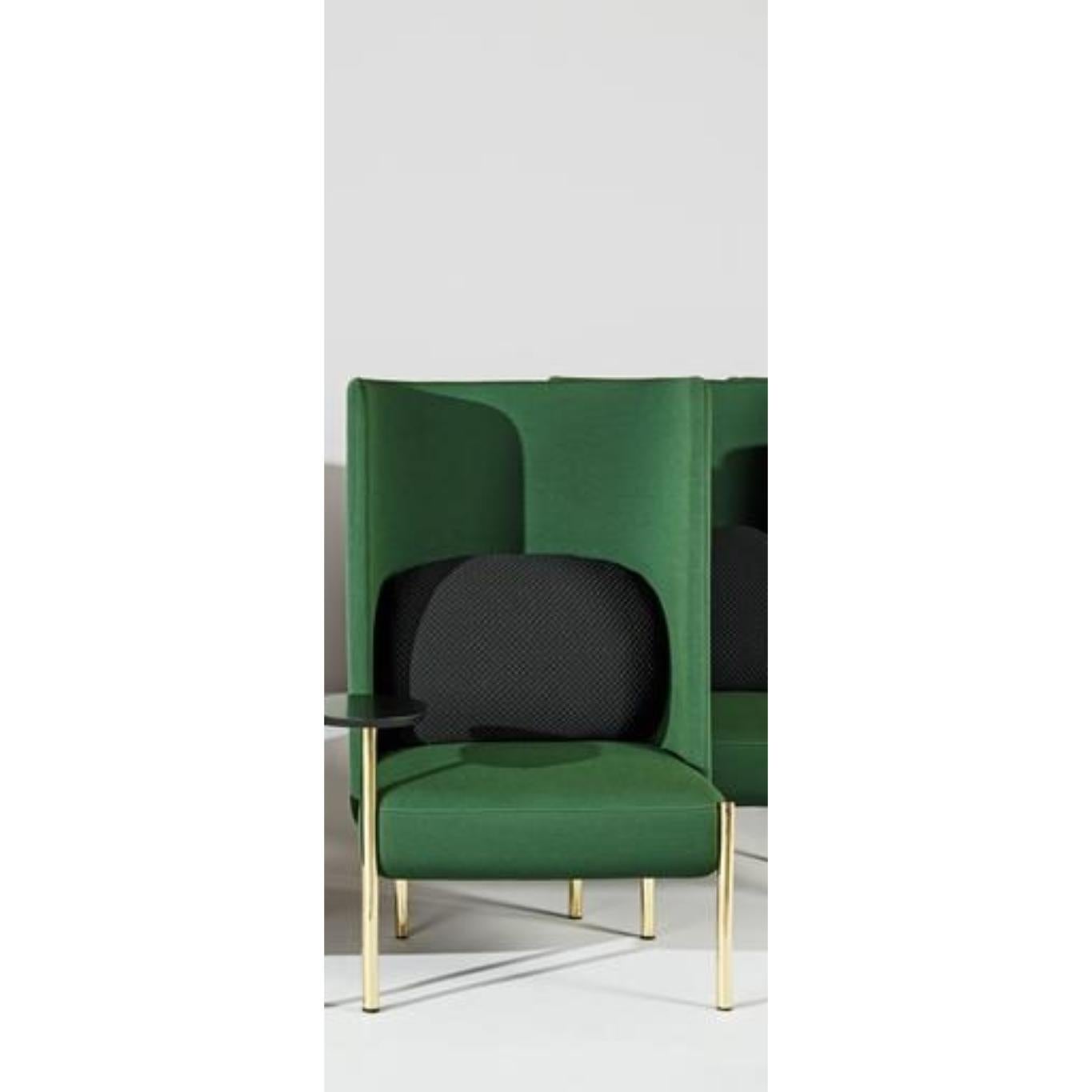 Ara green armchair by Pepe Albargues
Dimensions: 125 x 74 x 74 cm
Materials: Iron backrest structure and pine wood seat structure. Seat stuffed with polyurethane 3542 covered with polyester fibre. Cushion: 50% goose feathers and 50% combed