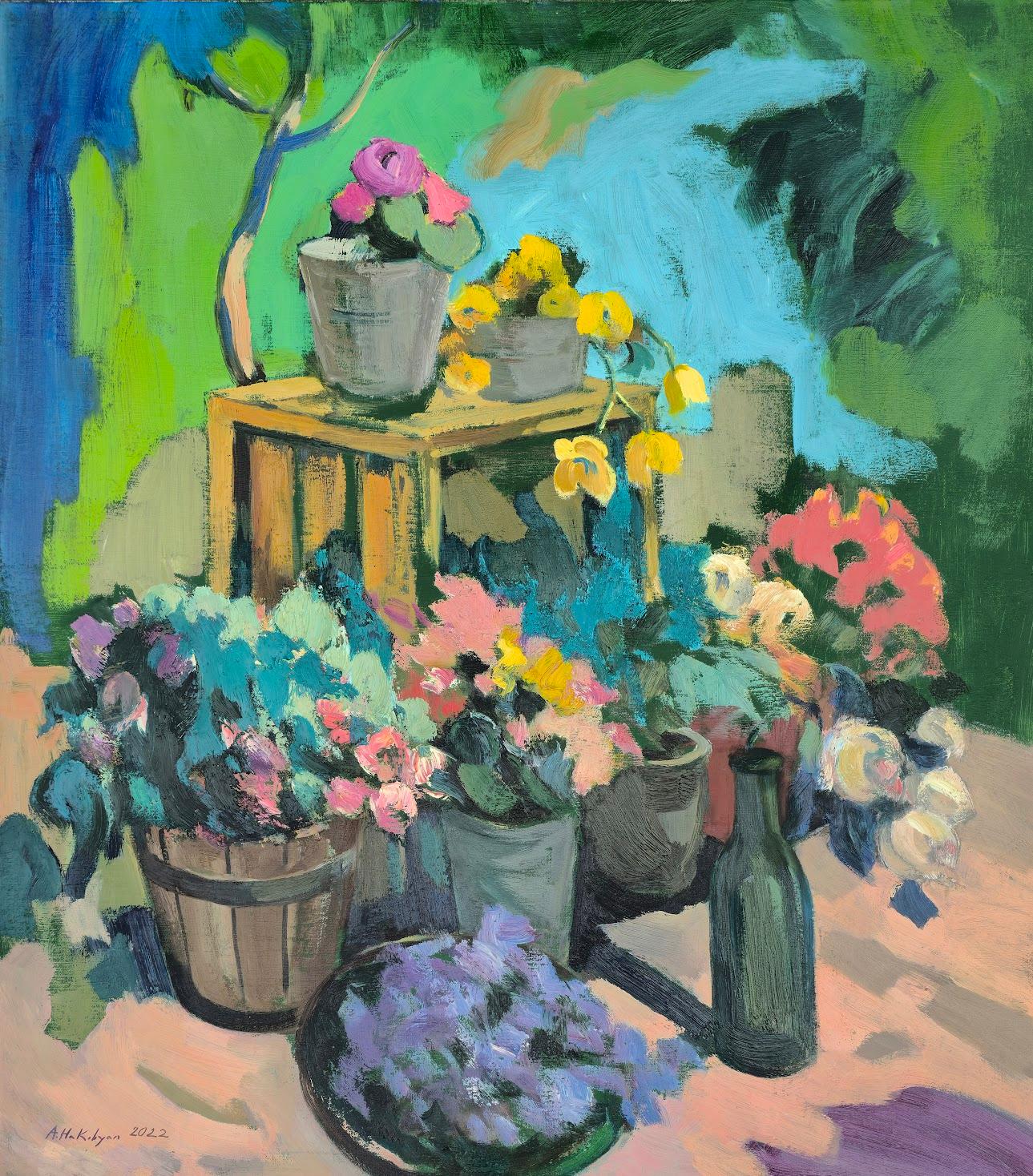 Still-Life Painting Ara H. Hakobyan - A notre maison de campagne, Nature morte aux fleurs, Peinture à l'huile originale, Unique en son genre