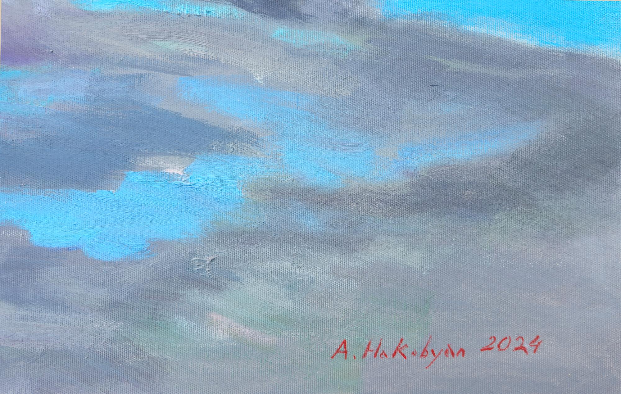 At the Beach, Impressionismus, Original-Ölgemälde, Unikat (Blau), Figurative Painting, von Ara H. Hakobyan
